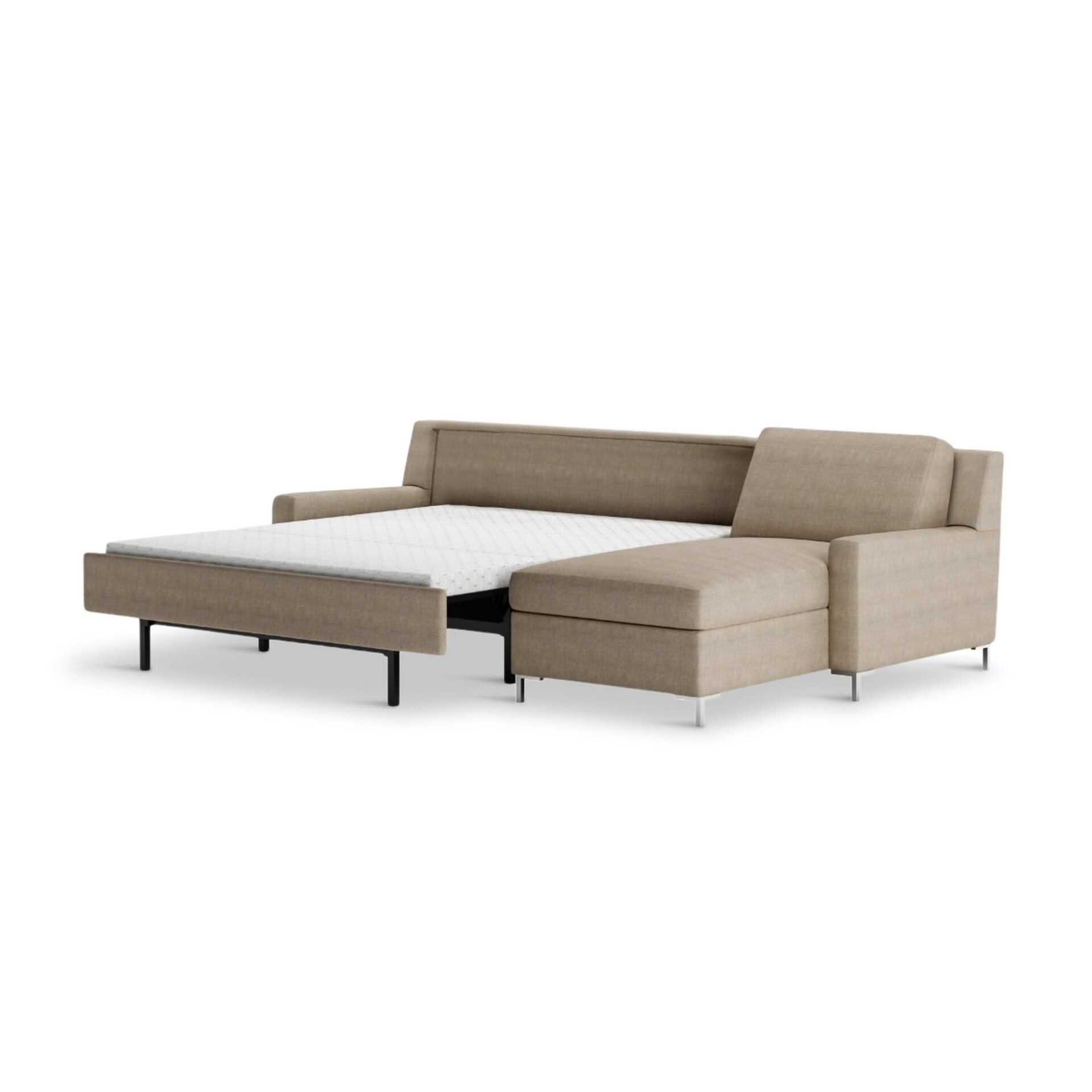 Modern beige sofa with convertible bed feature for stylish comfort and space-saving design.
