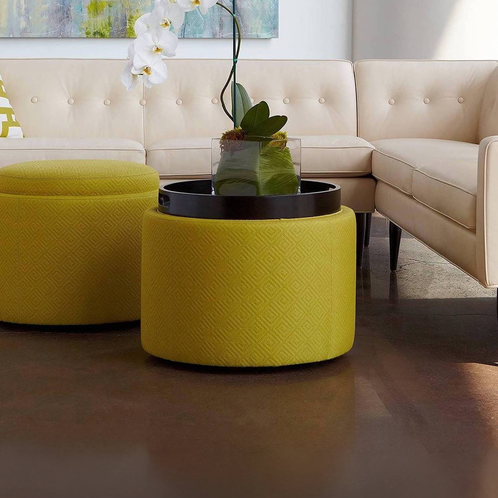 Upholstered storage ottoman with a modern design in a contemporary living room setting.