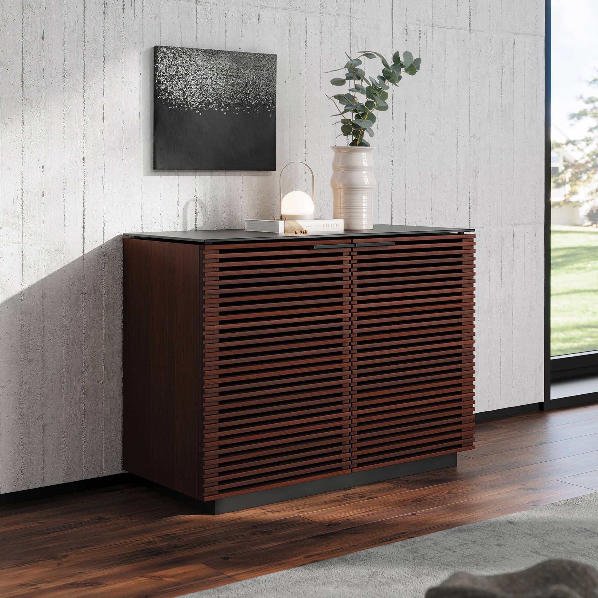 Contemporary wooden sideboard with slatted design, modern decor and natural light.