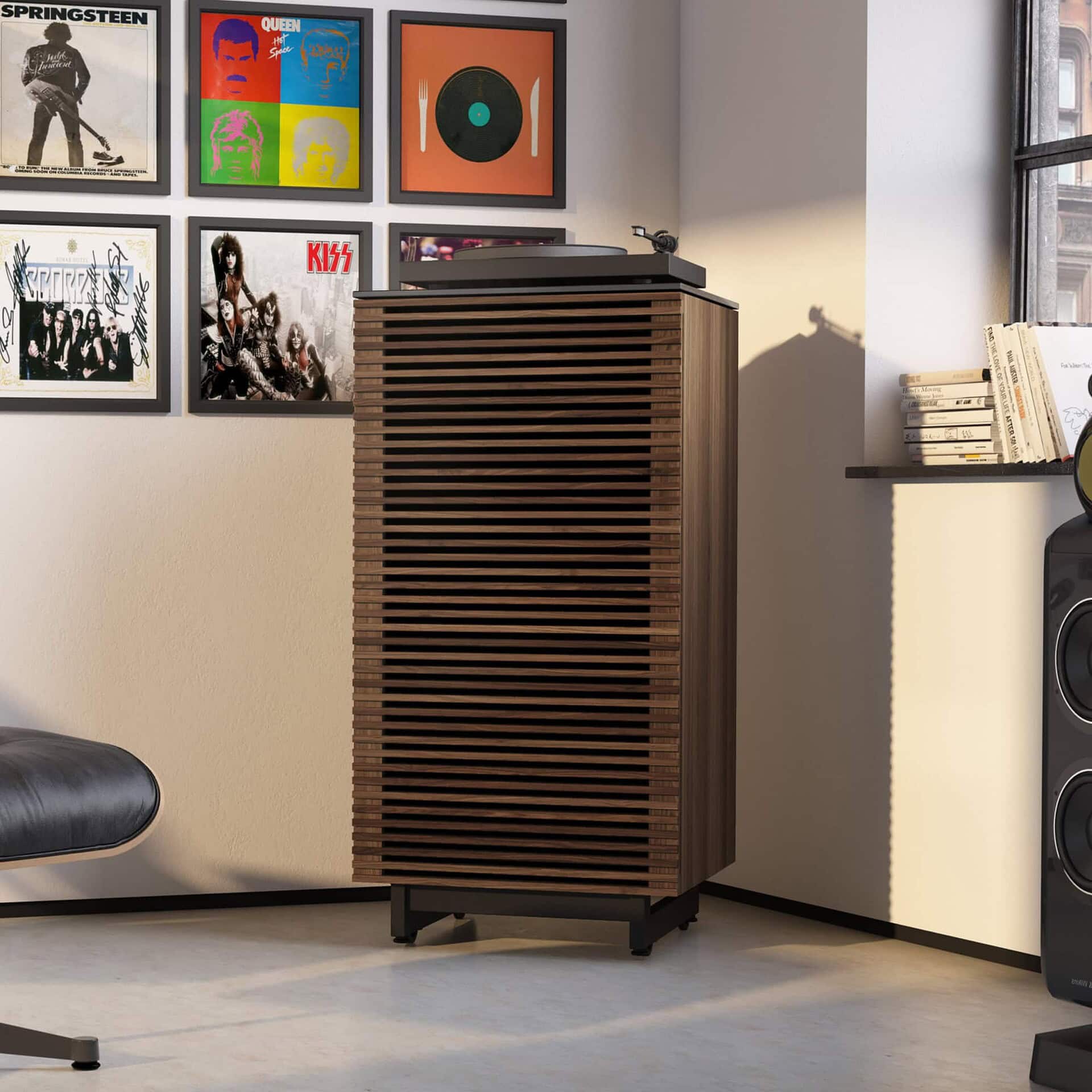 1. Modern wooden speaker cabinet with slatted design for stylish home audio setup.