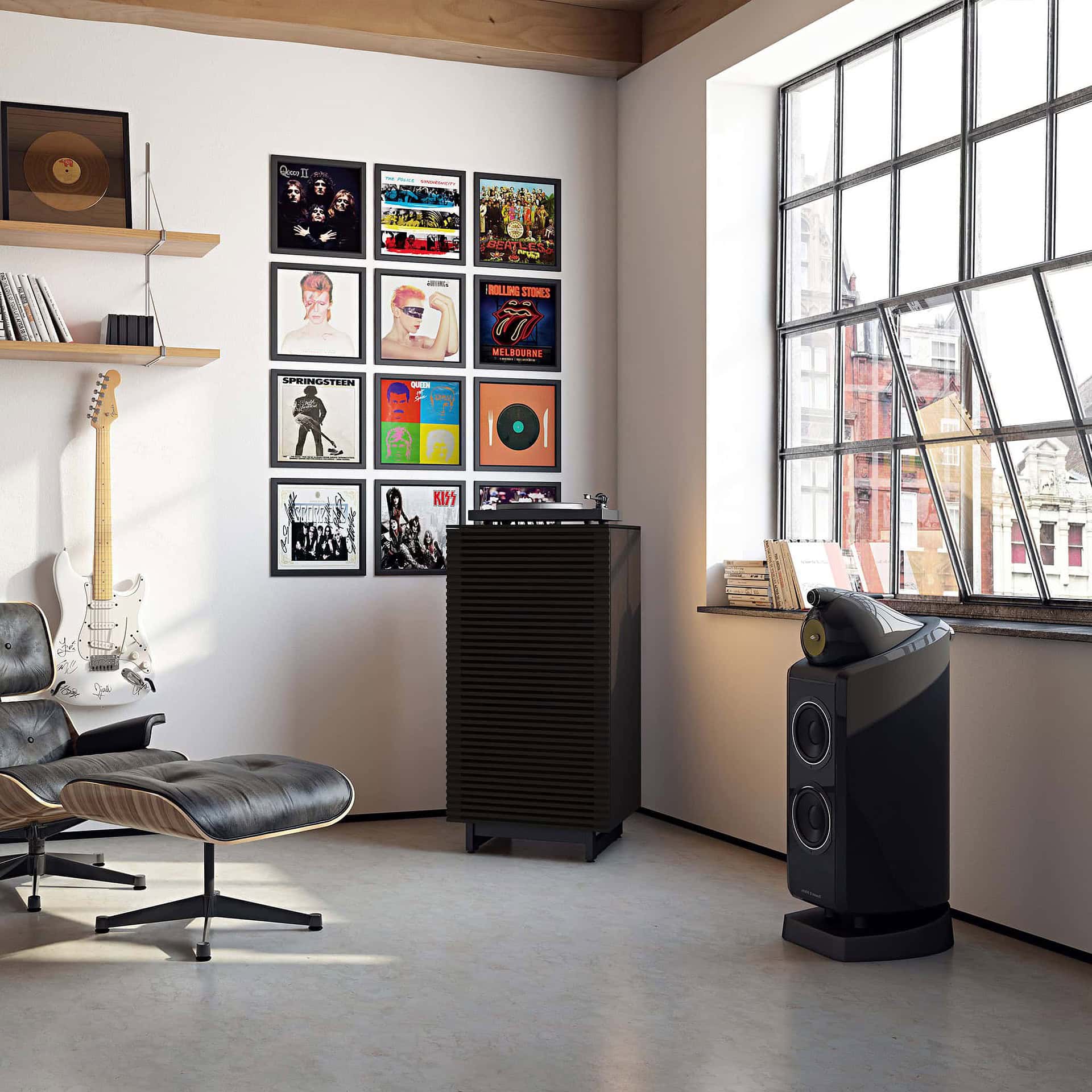 Vintage music room with record player, iconic album covers, and speaker system, modern decor.
