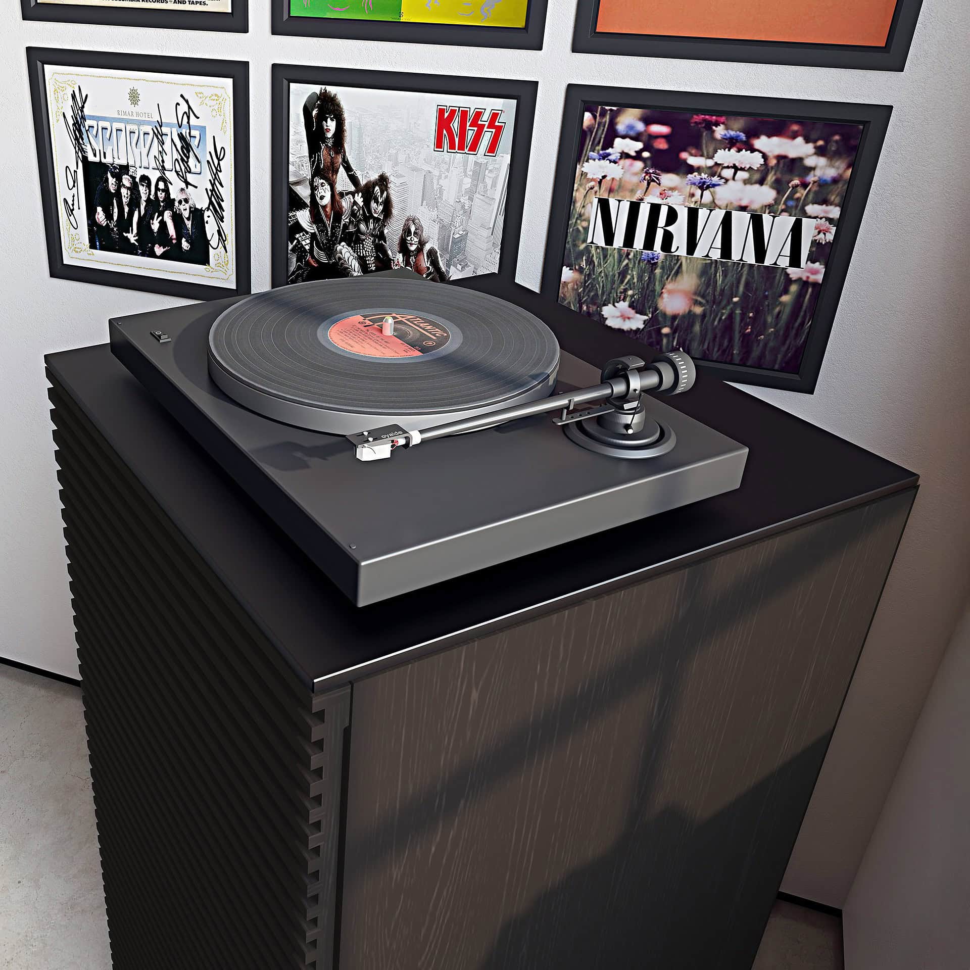 Turntable on black wood cabinet with framed rock band posters, vintage music decor setup, perfect for music enthusiasts.