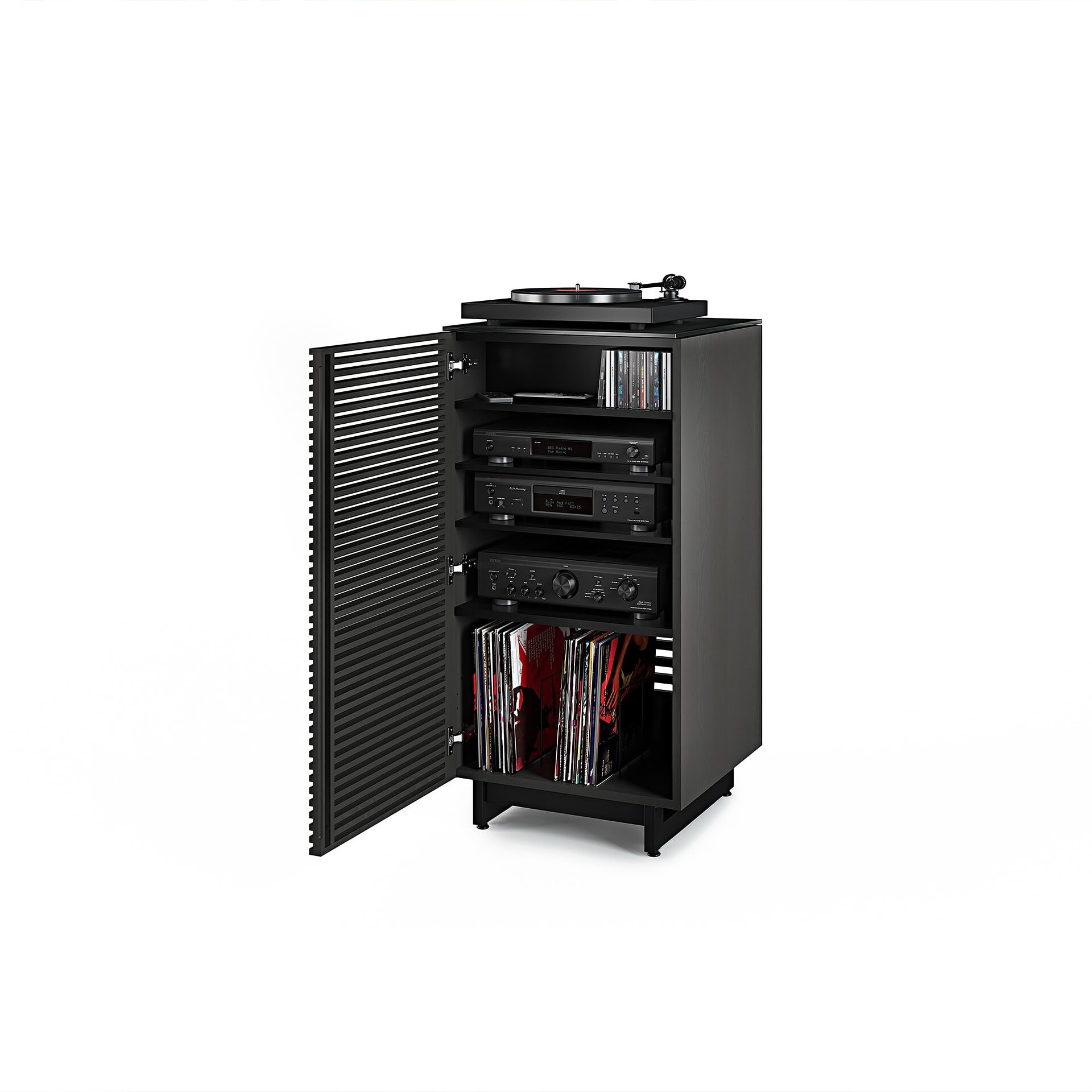 High-end media storage cabinet with vinyl records, audio equipment, and turntable for modern home entertainment.