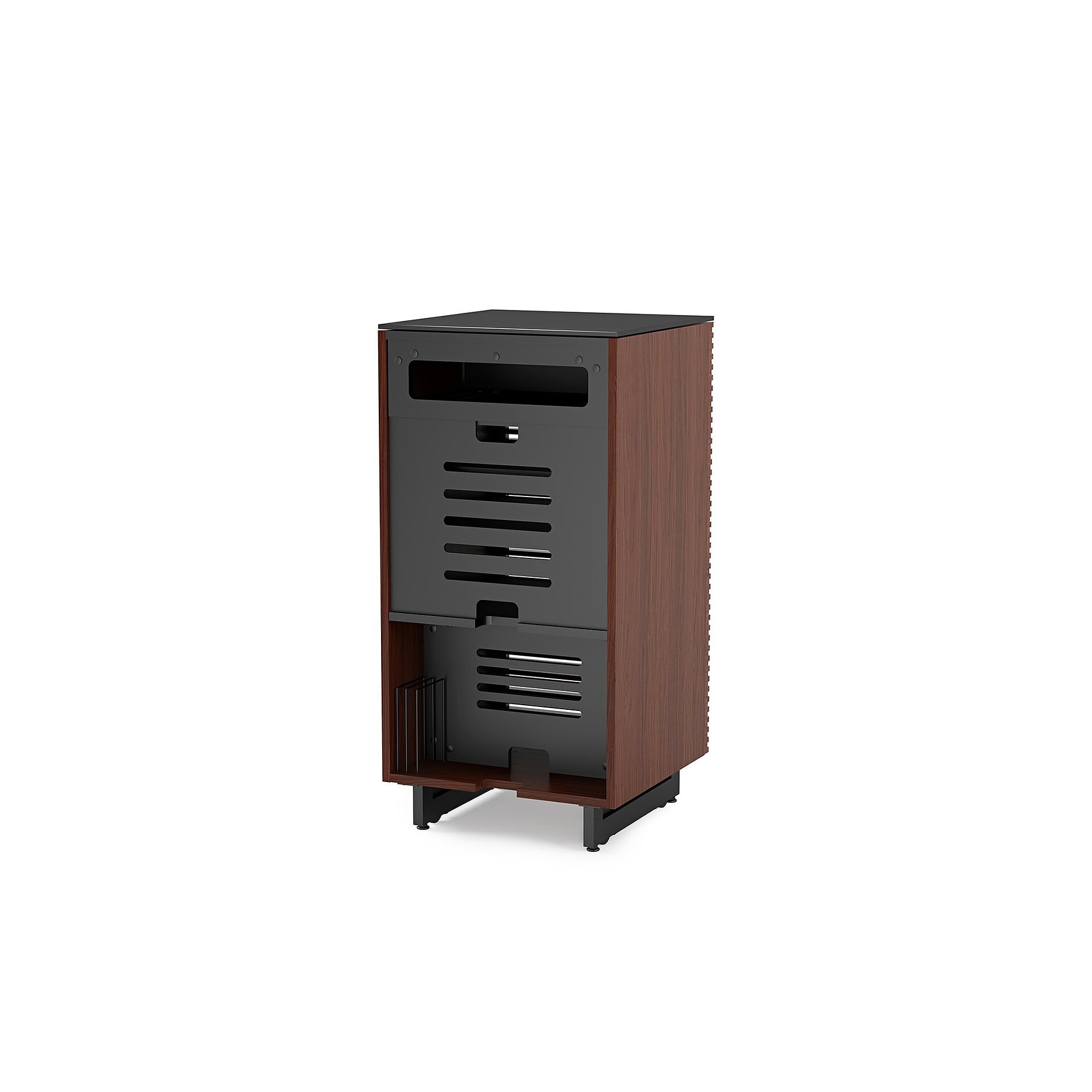 1. Modern wooden and black metal storage cabinet with adjustable shelves.