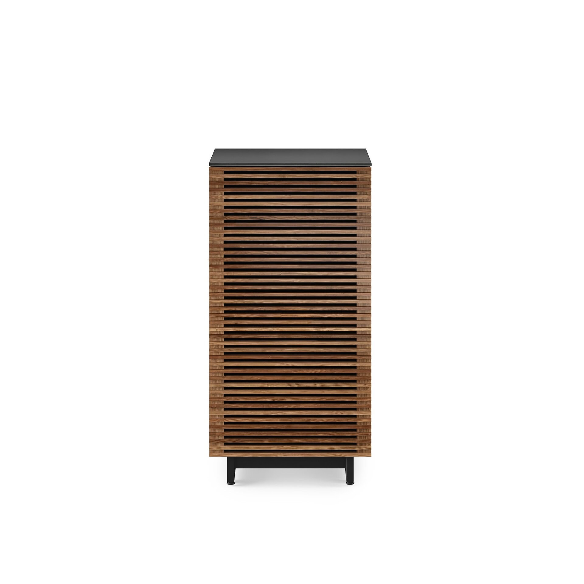 Wooden slatted storage cabinet with black top, modern furniture design.