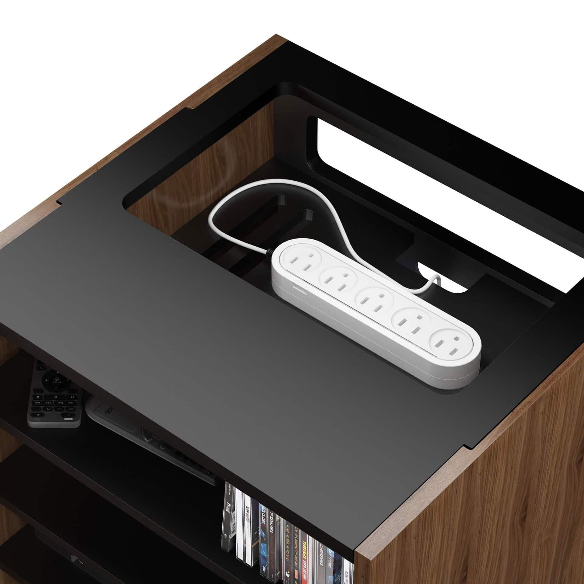 Power outlet with built-in surge protector and power strip inside modern wooden entertainment cabinet.
