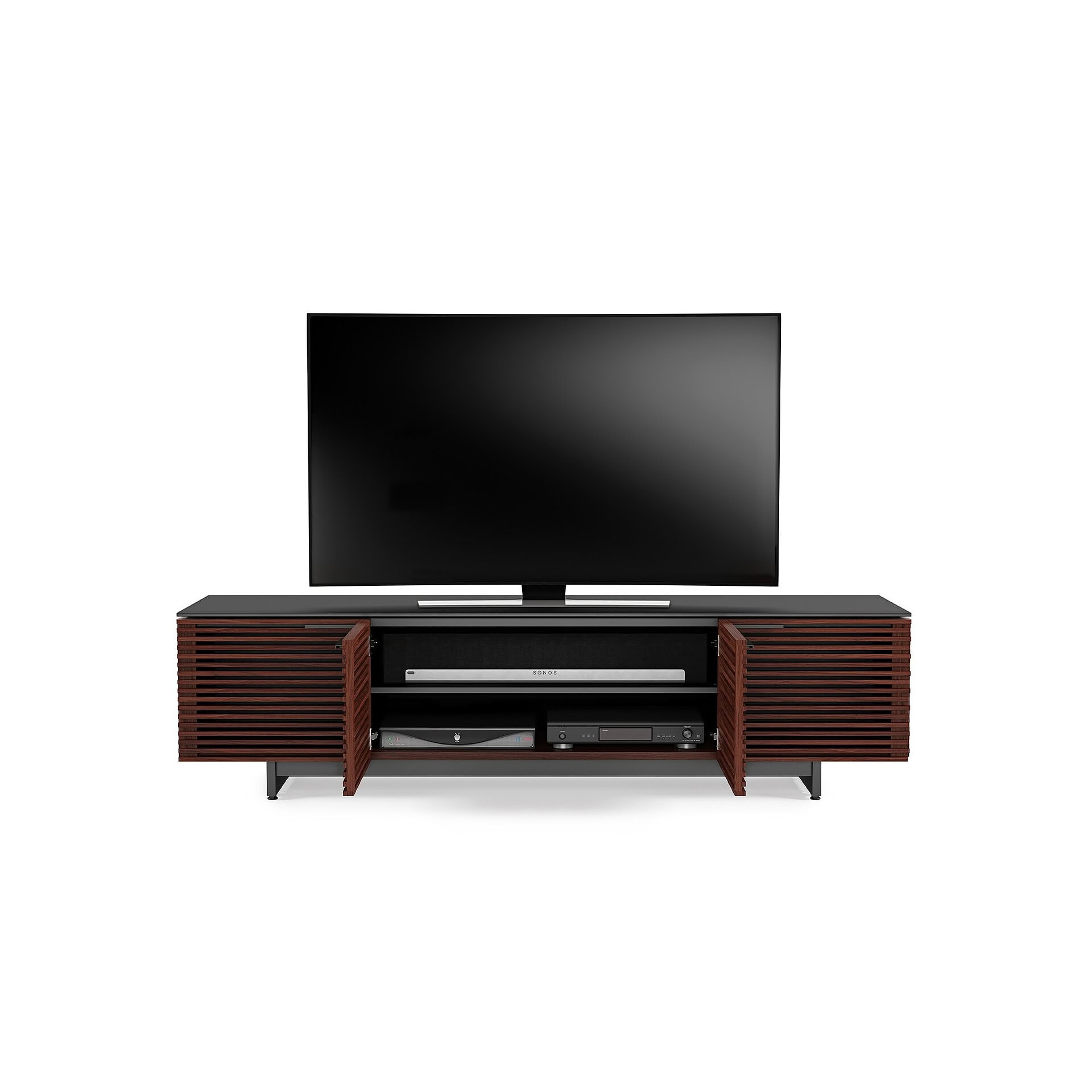 Stylish wooden media console for modern entertainment centers.