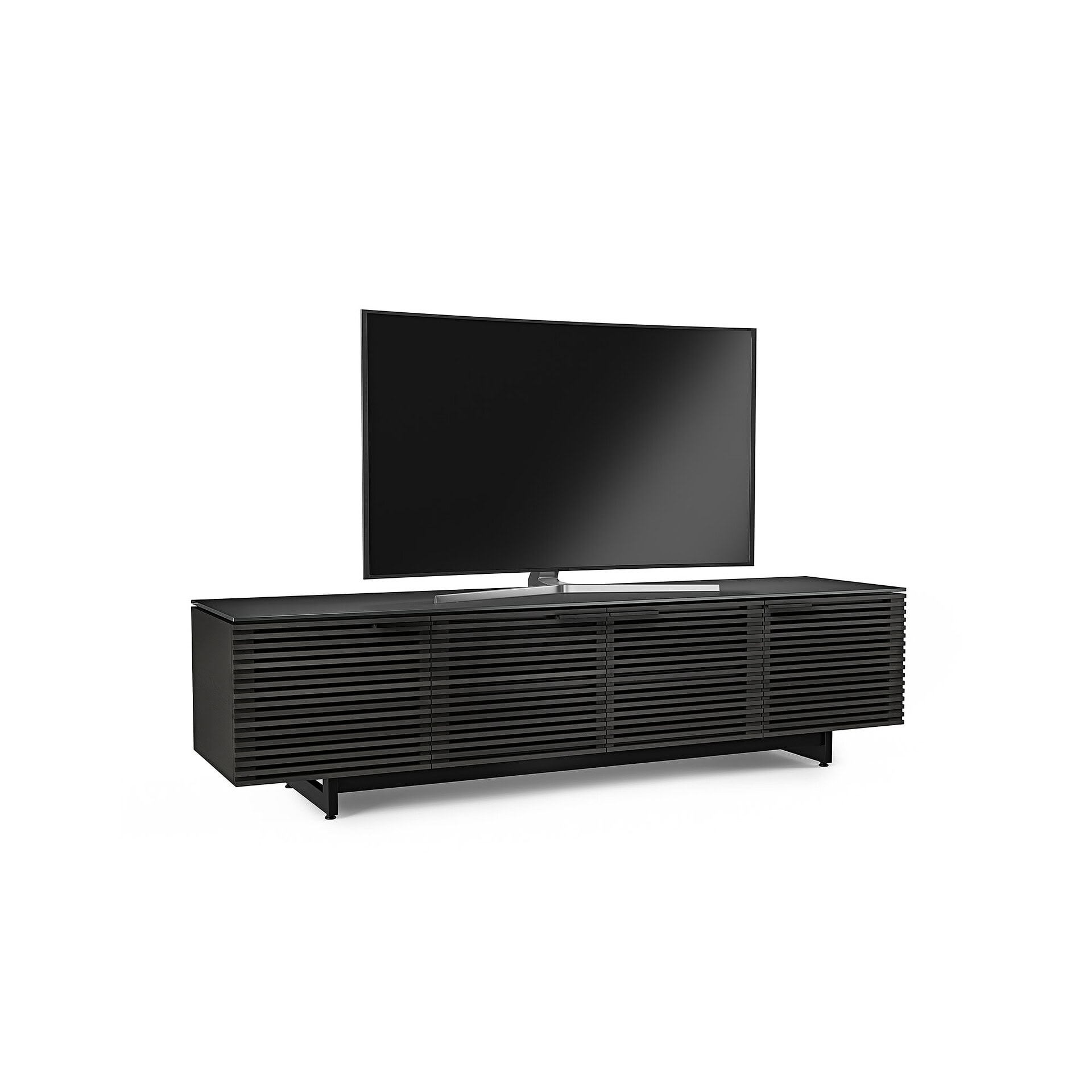 Contemporary black media console with slatted design, ideal for modern living rooms.
