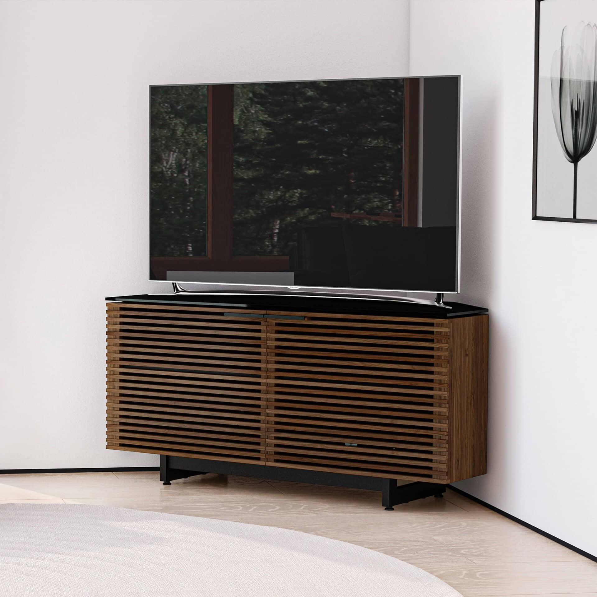 Contemporary wooden TV stand with slatted design, perfect for modern living rooms.