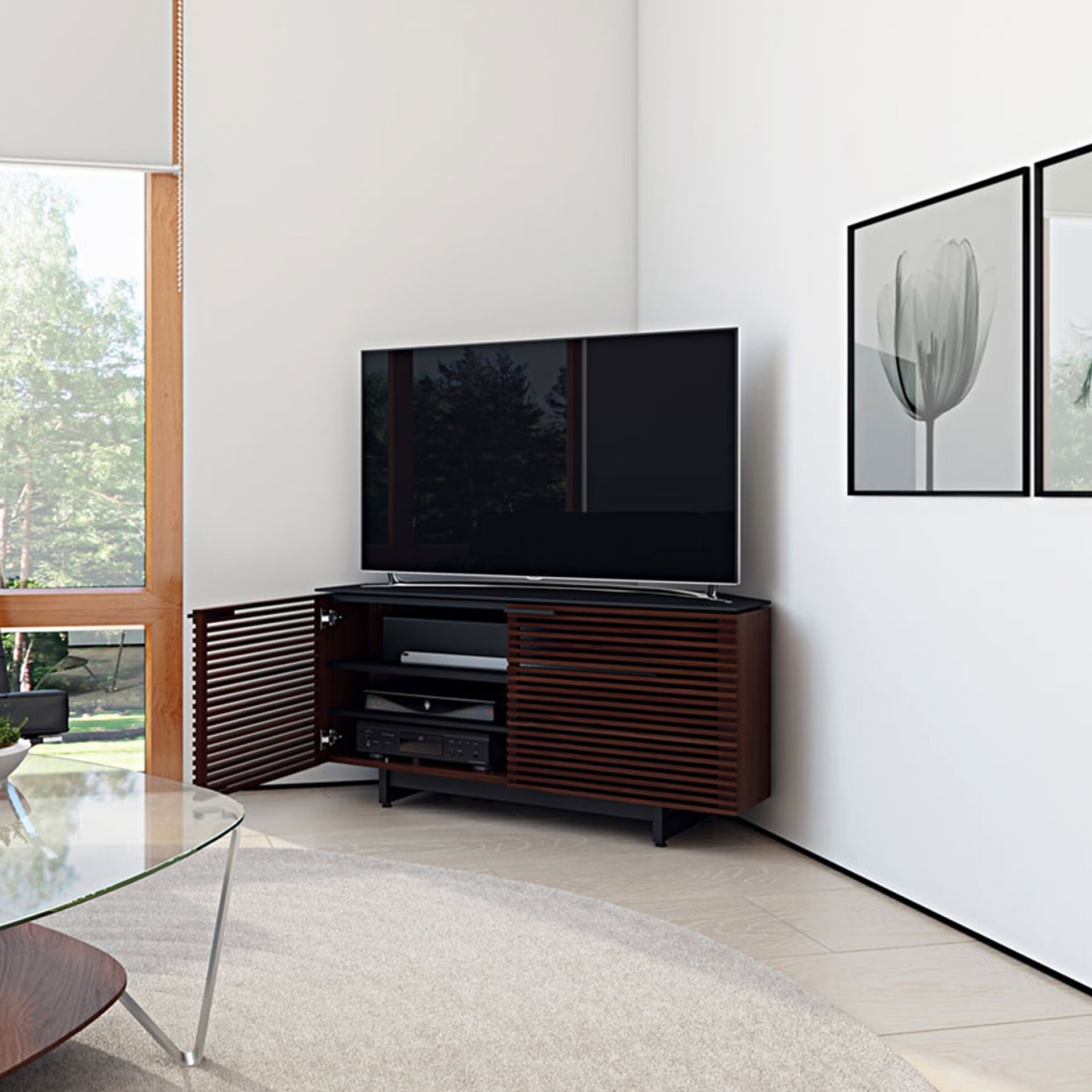 Stylish wooden TV stand with slatted doors and modern design for living room decor.