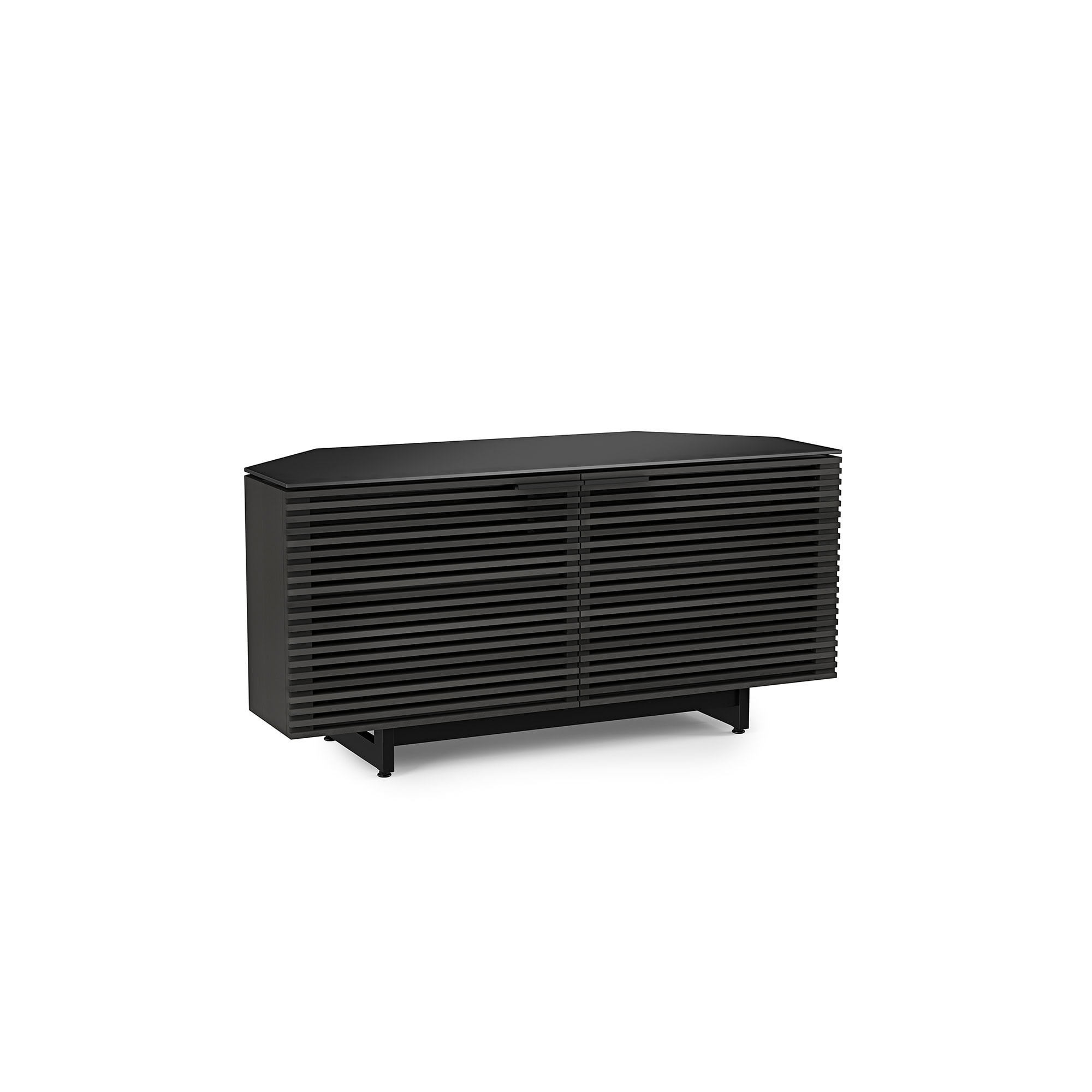 Sleek black modern sideboard with horizontal slat design, perfect for contemporary living spaces.