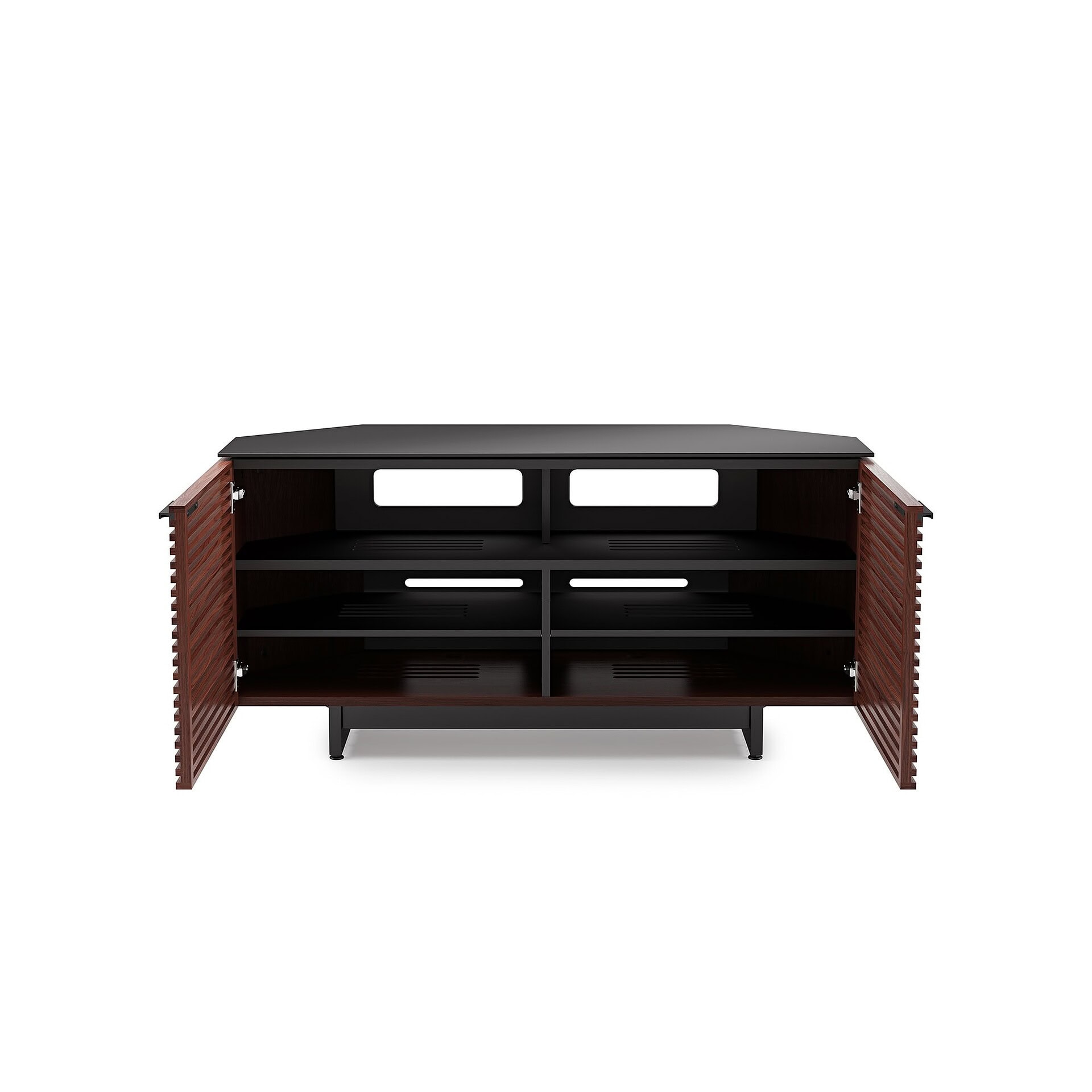 Stylish wooden TV console with black accents and louvered doors.