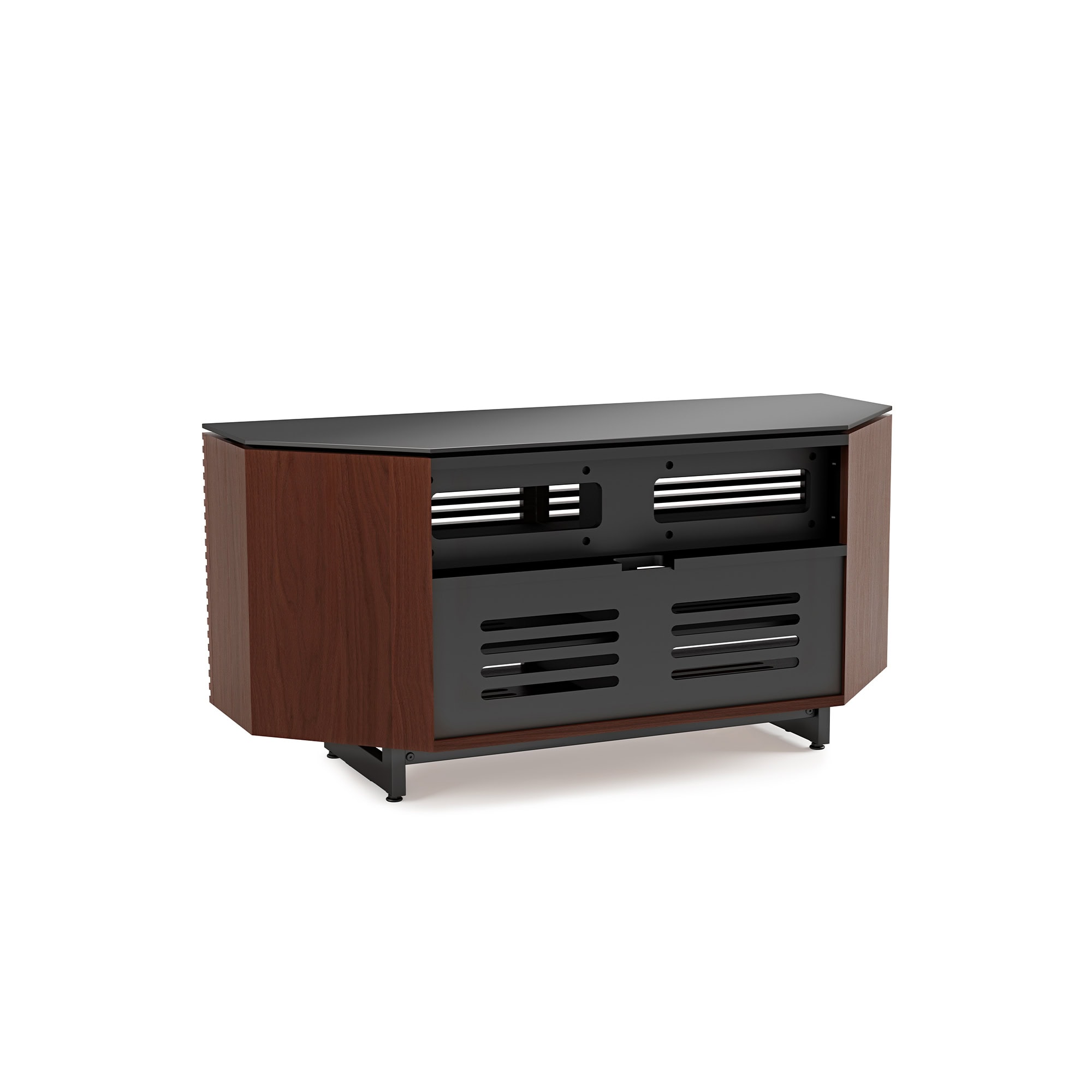 Mixed wood and black metal media console with ventilation slots for modern living room decor.