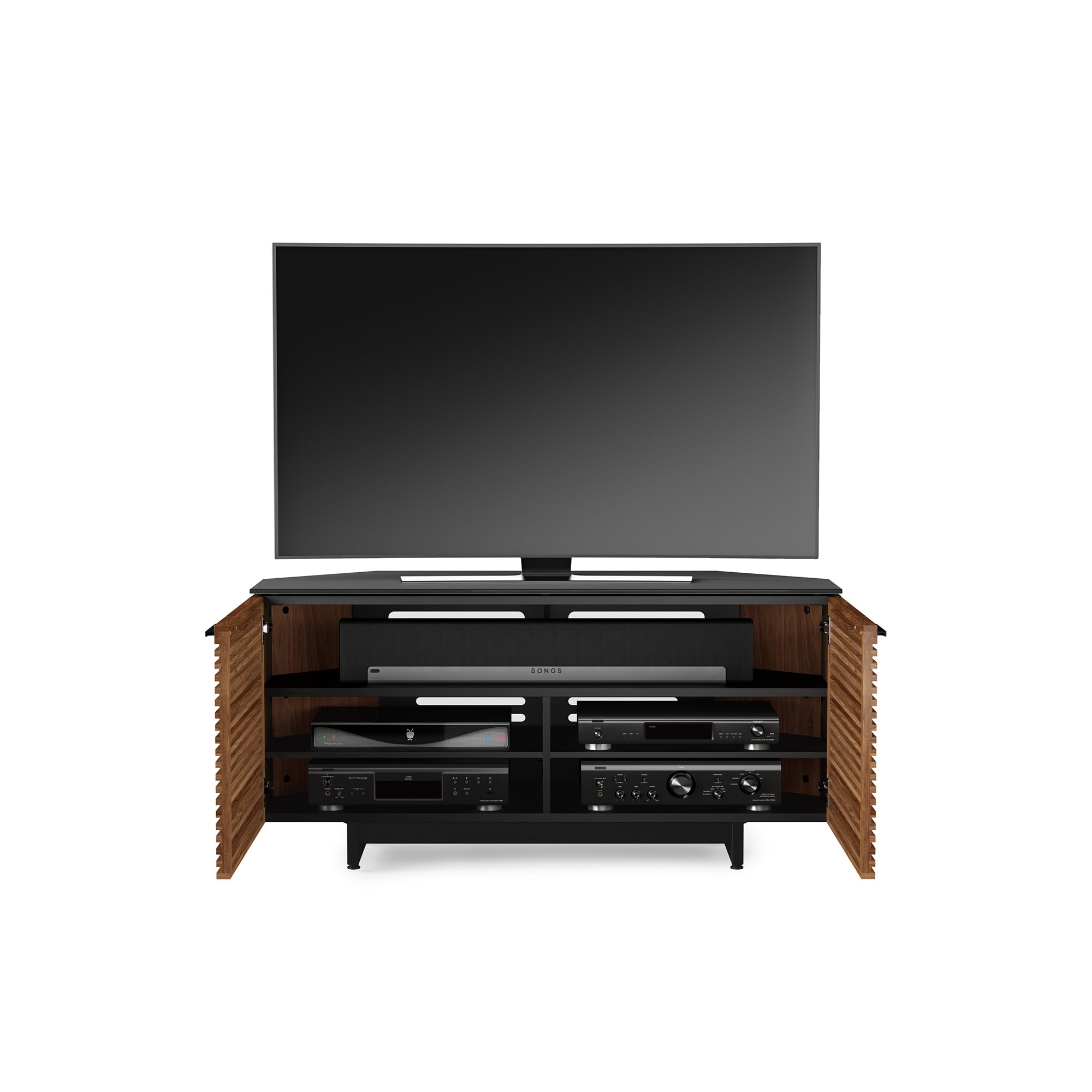 Sleek wooden TV stand with black accents and open storage for electronics.
