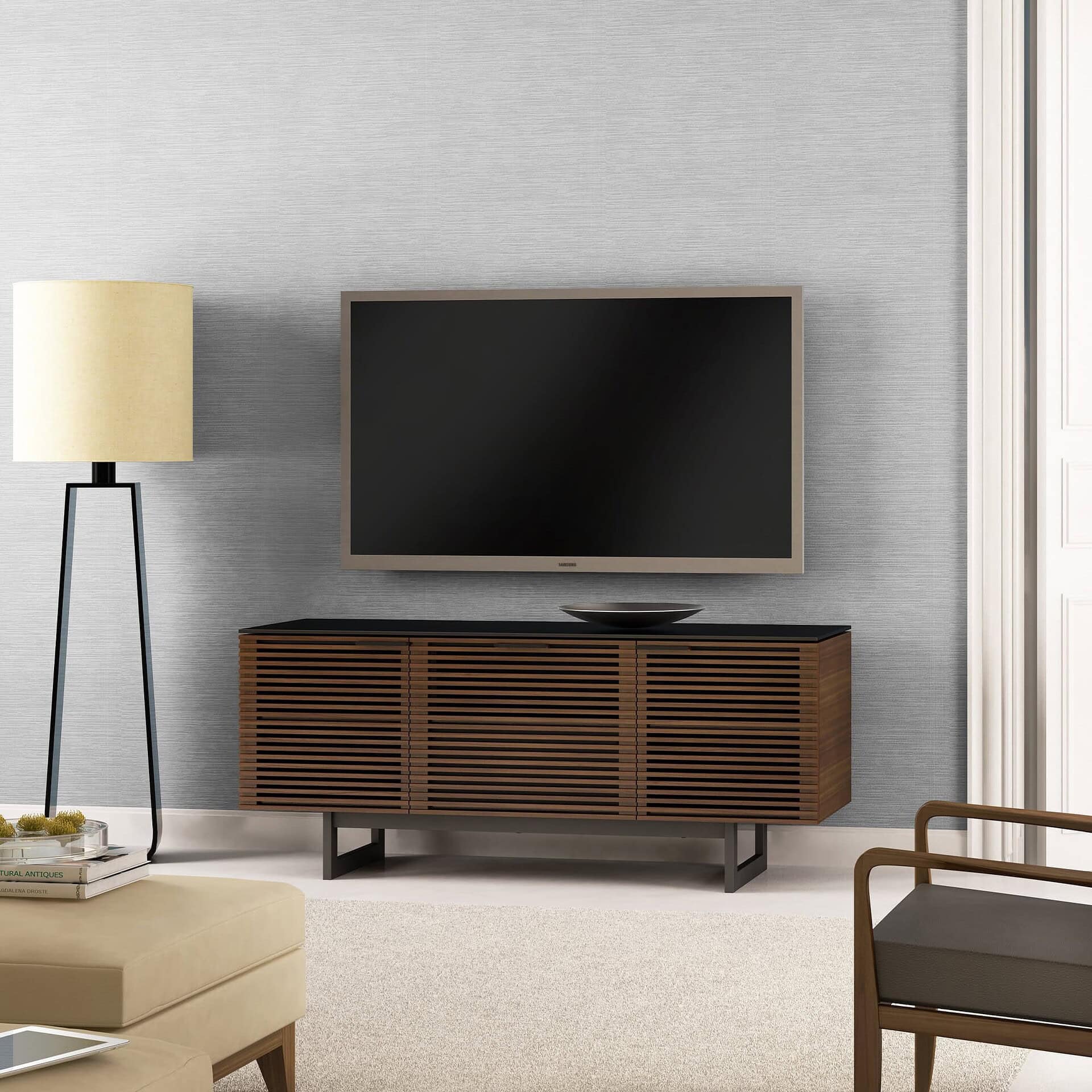 Sleek wooden TV console with modern design, perfect for contemporary living rooms.