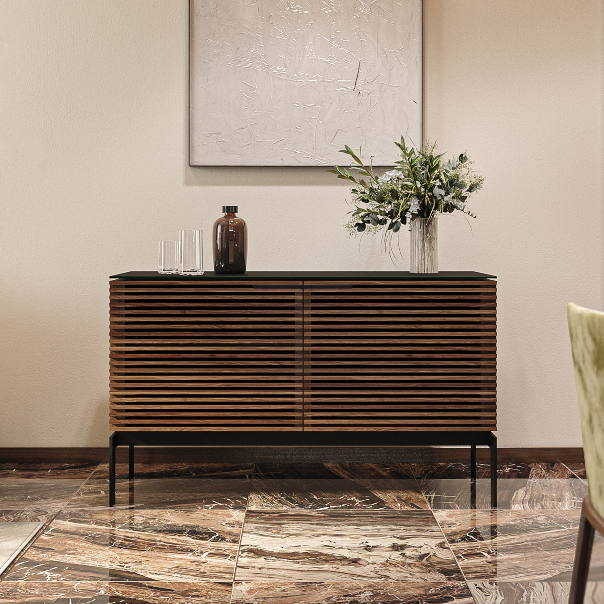 Stylish wooden sideboard with slatted design and black metal legs for contemporary living room decor.