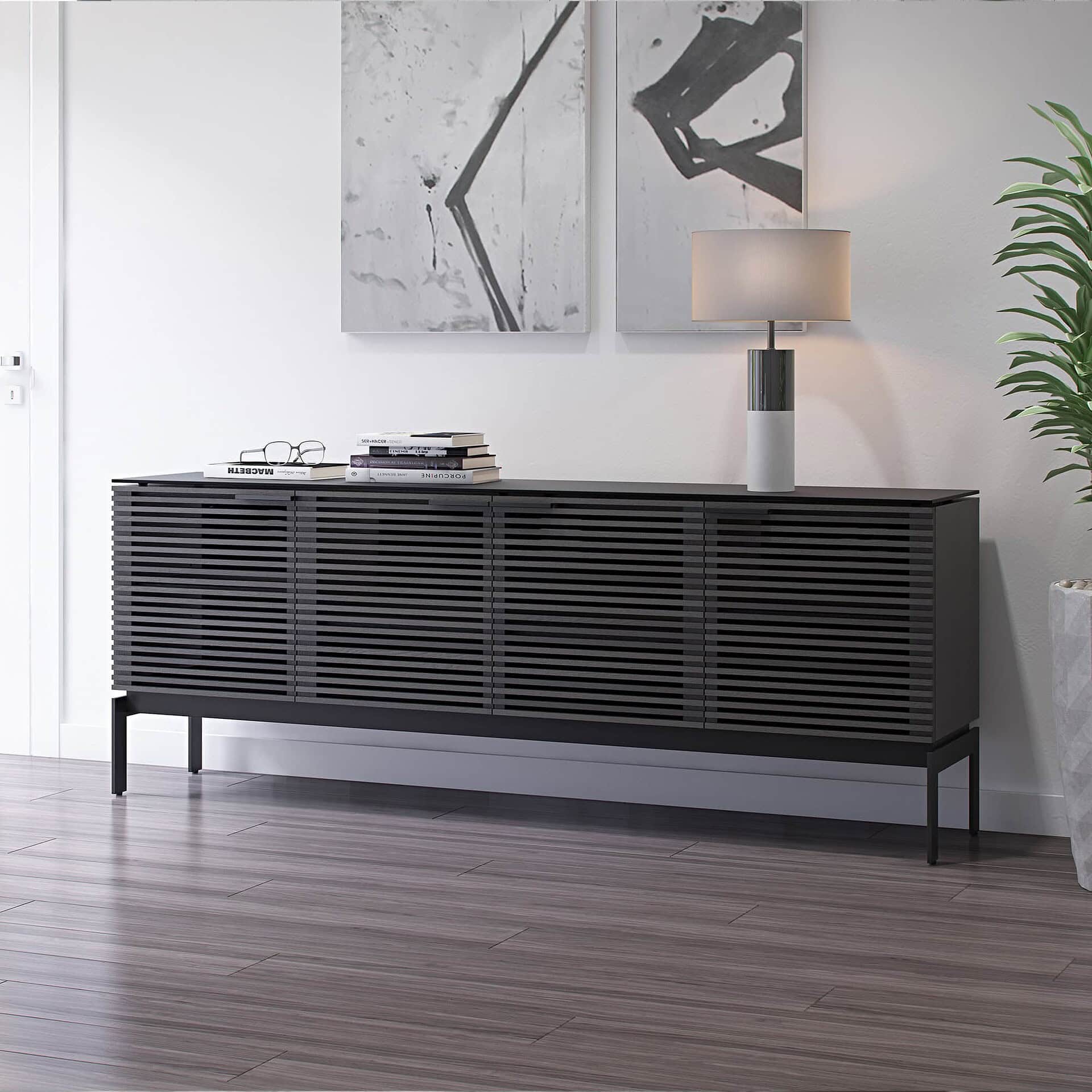 Sleek black modern sideboard with slatted design, perfect for contemporary home decor.