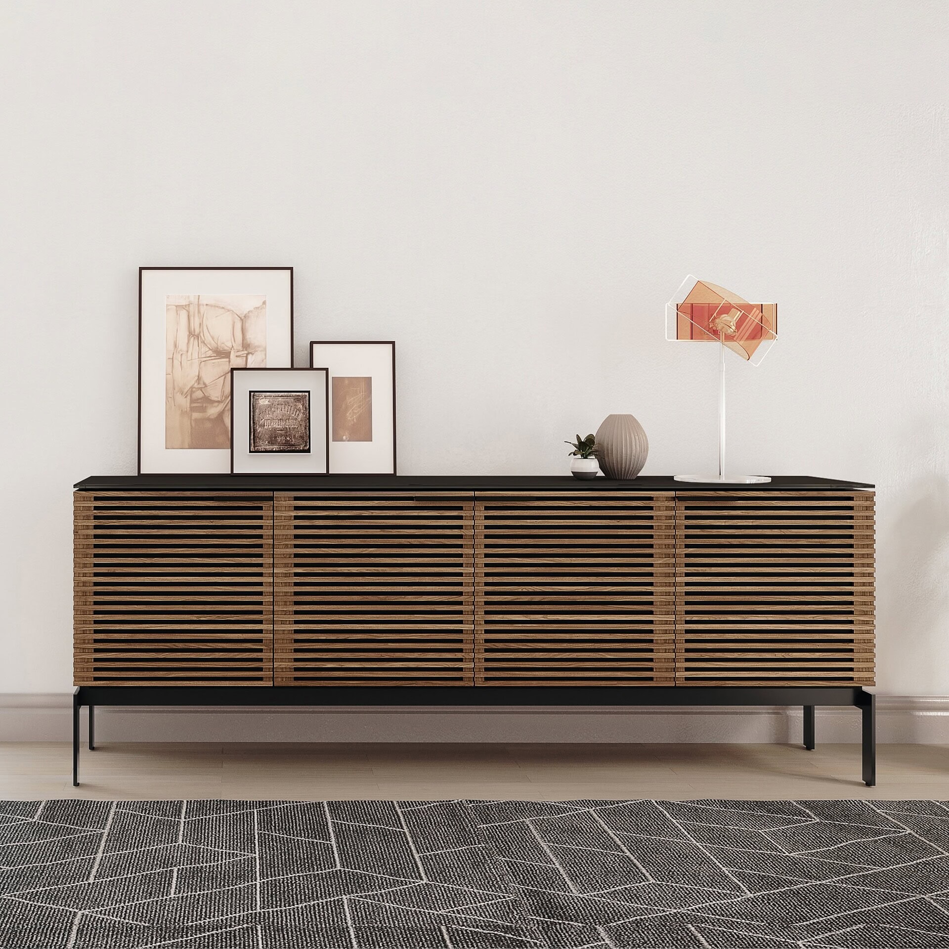 Sleek modern sideboard featuring wooden slats, perfect for contemporary living spaces and home decor.