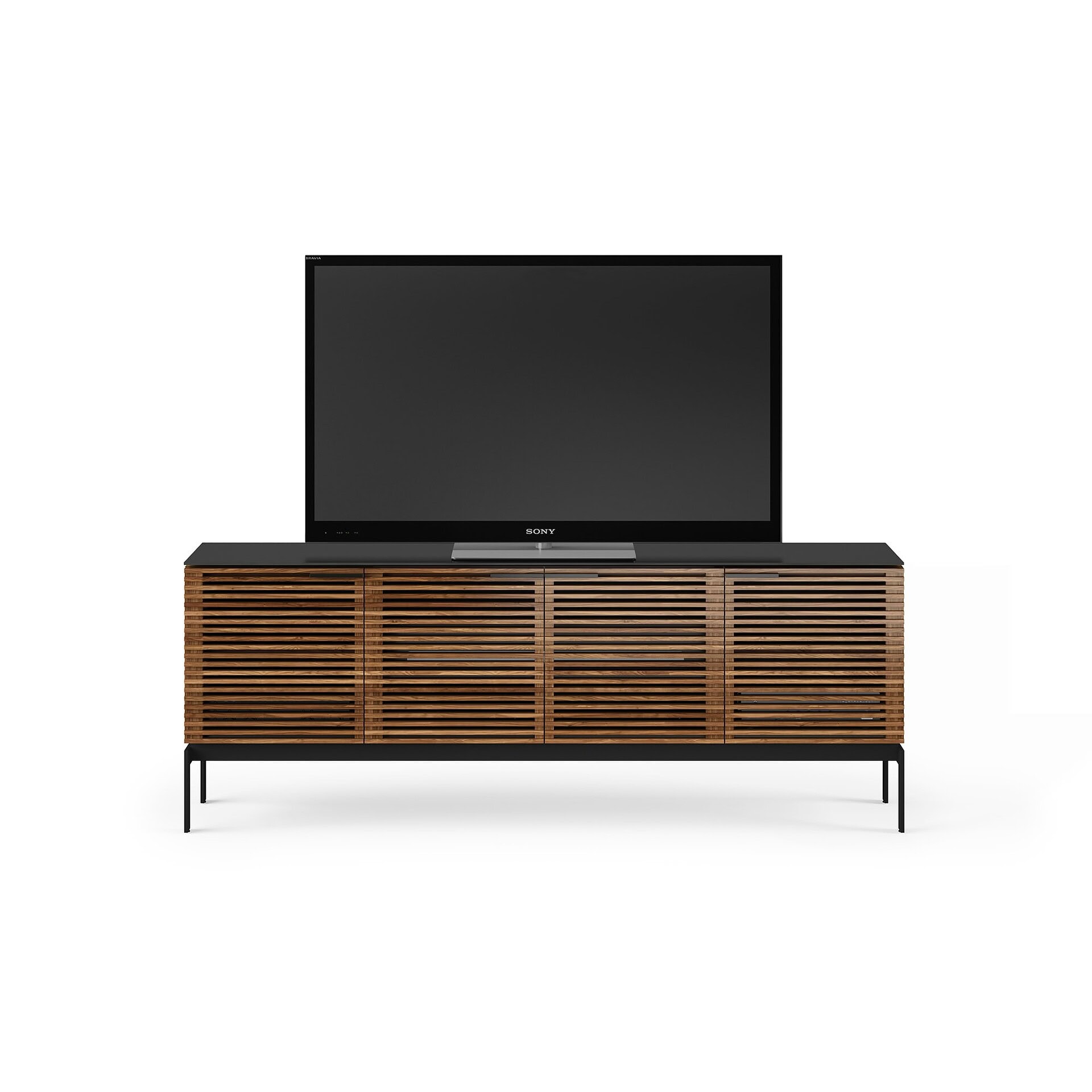Stylish wooden TV stand with slatted sliding doors, perfect for modern living rooms.