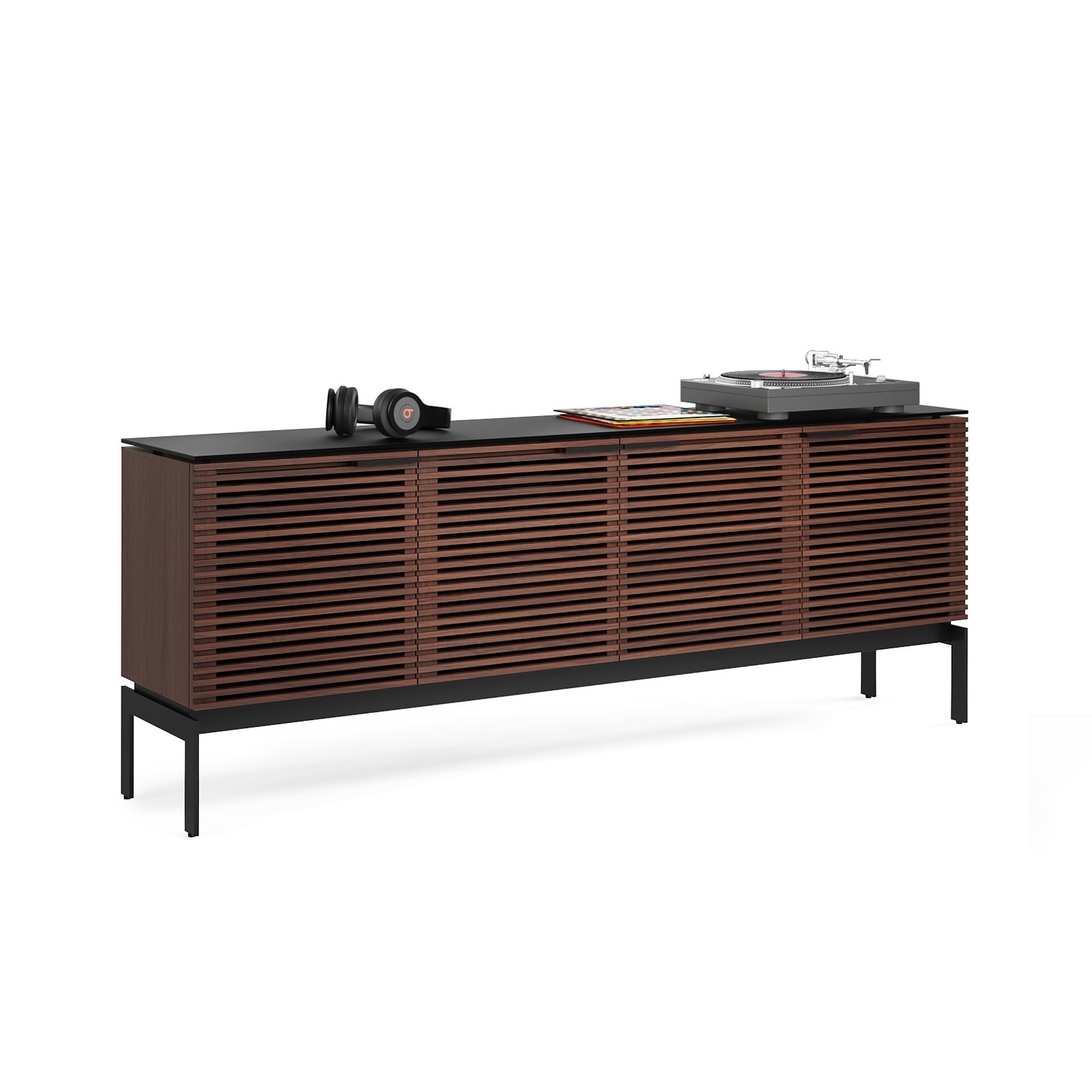 Modern wooden sideboard with slatted doors and black metal legs for stylish storage.