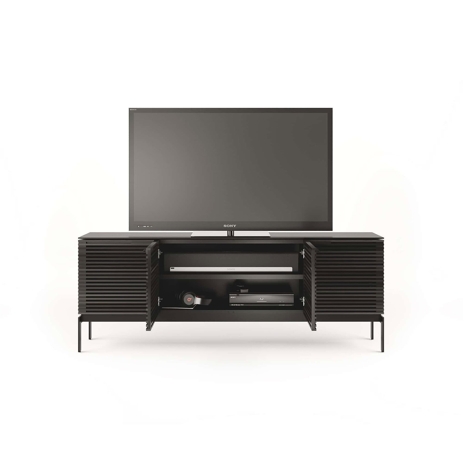 Sleek black entertainment console with TV and audio equipment, modern furniture for living rooms.