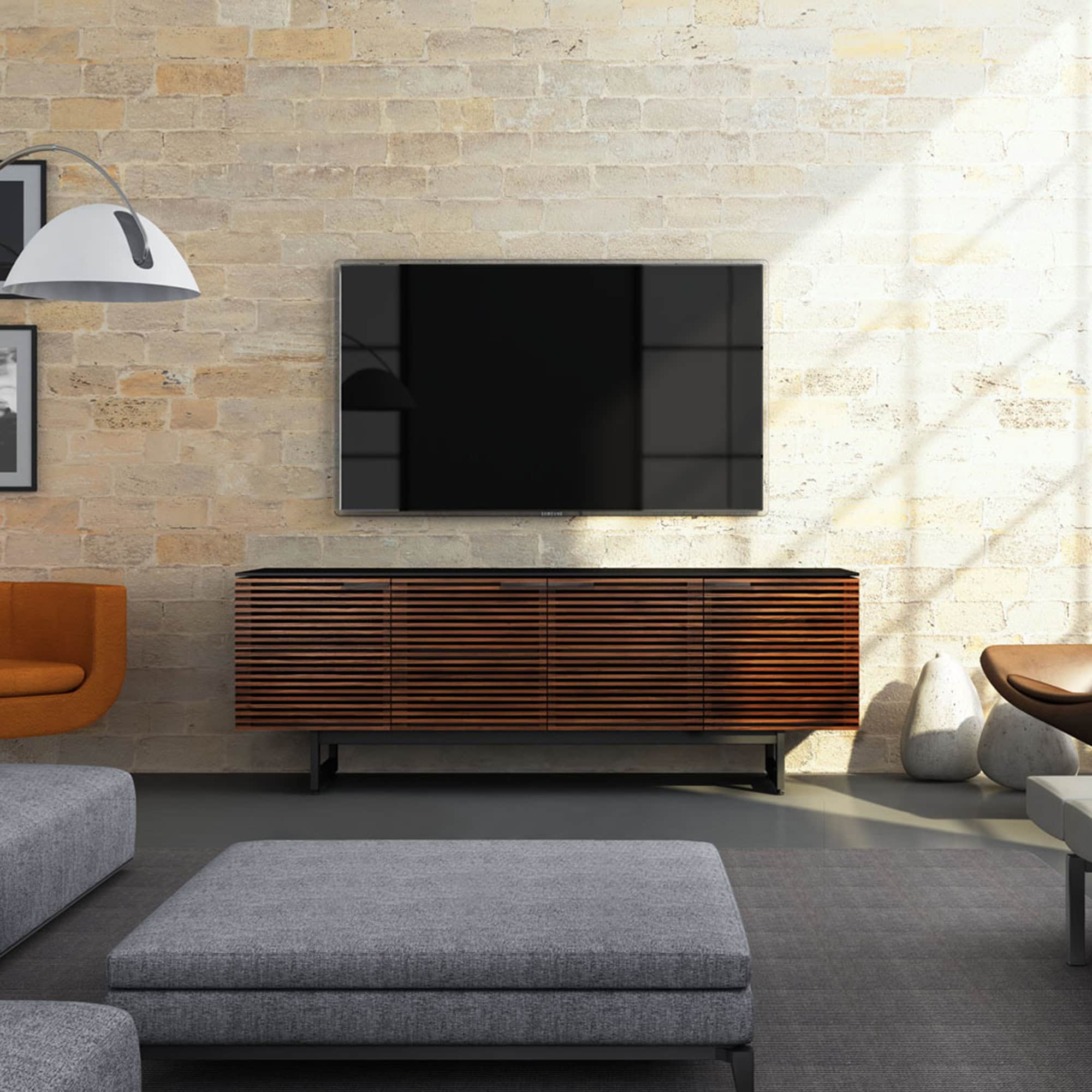 Corridor 8179 media console in natural walnut finish, styled in a modern living room with wall-mounted TV.