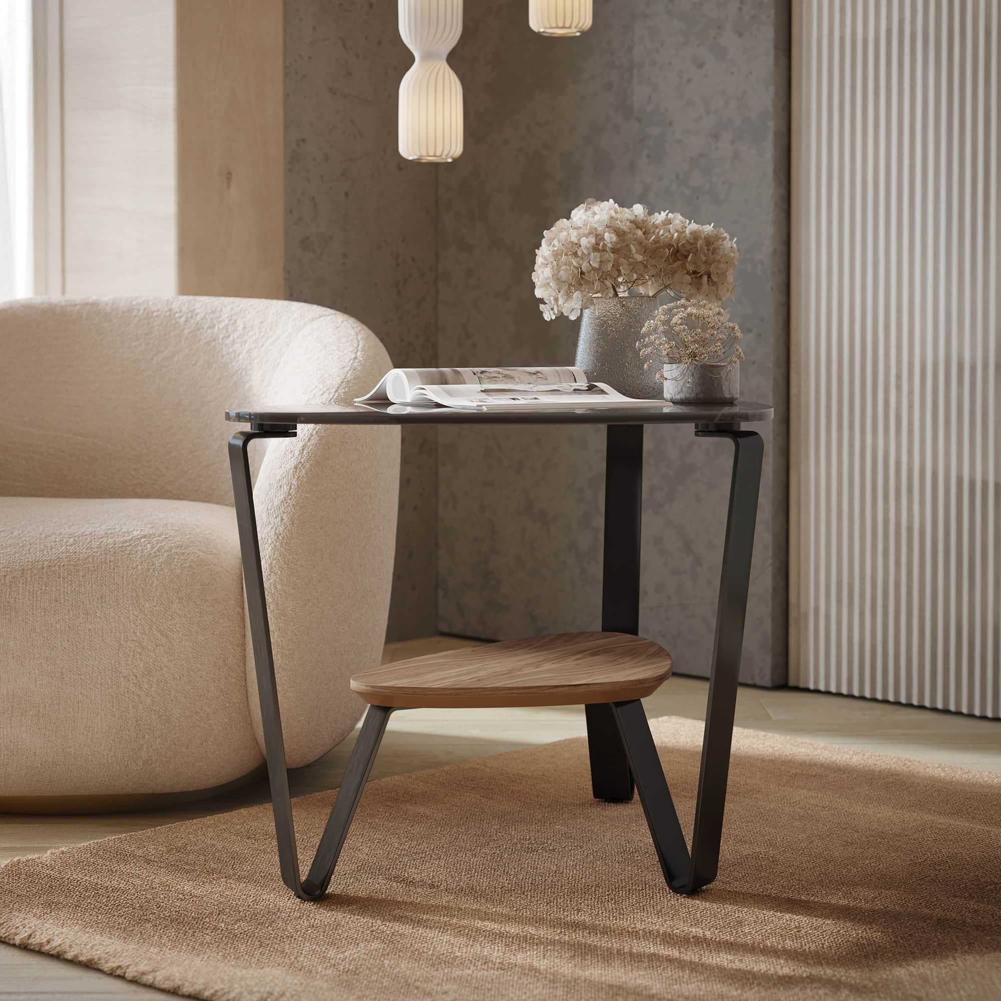 Contemporary side table with black metal frame and wooden top, perfect for modern living rooms.