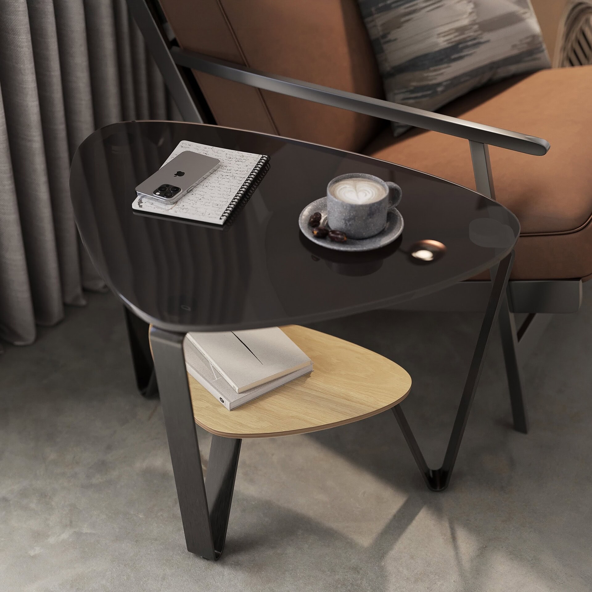 Sleek black glass top side table with wooden lower shelf and metal frame, modern furniture design.