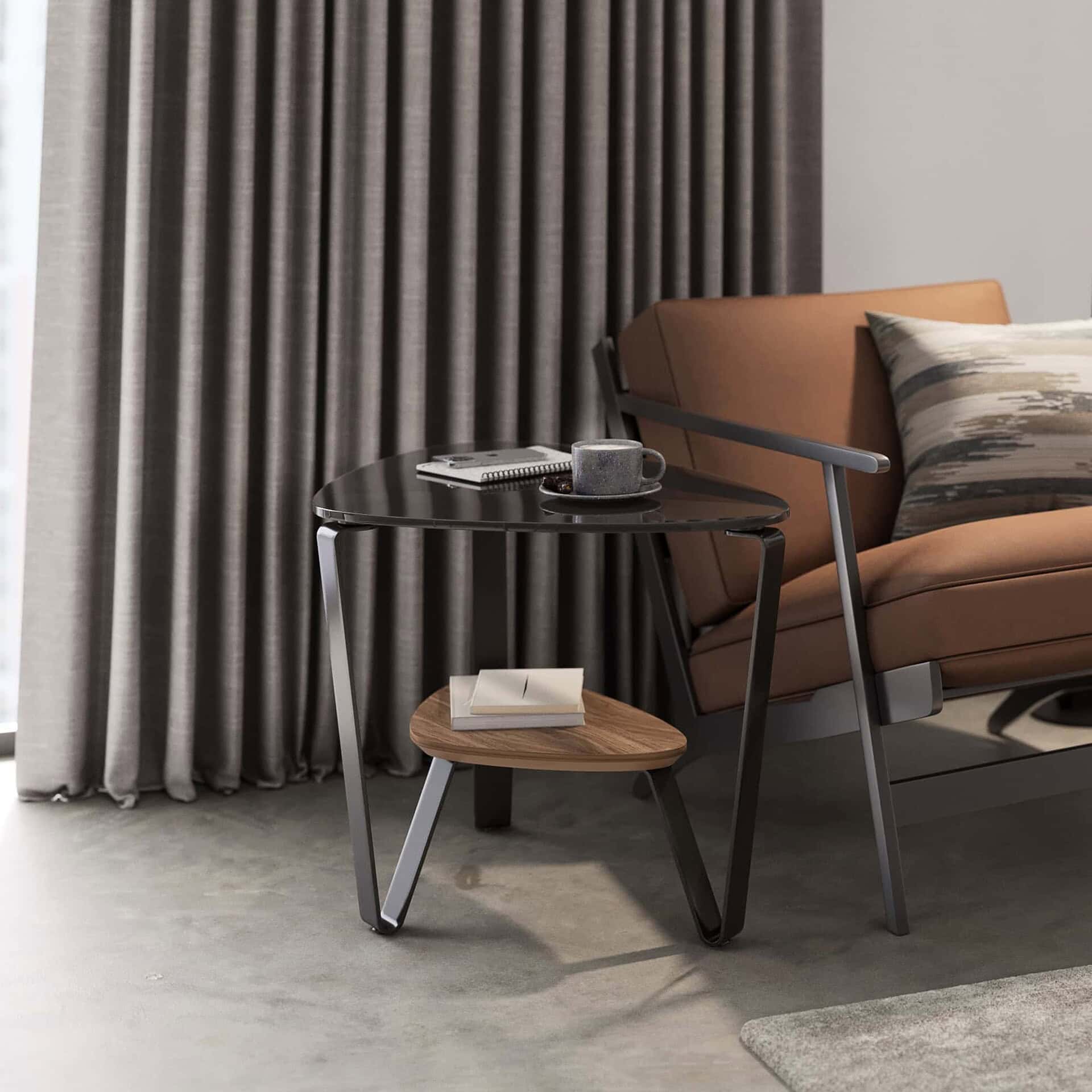 Contemporary living room with modern side tables, plush sofa, and stylish decor.