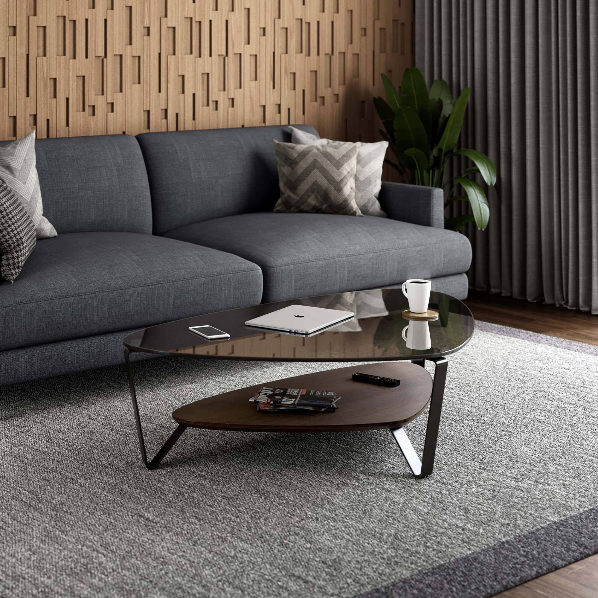 Contemporary living room with dark gray sofa, modern coffee table, and stylish decor by Sklar Furnishings.