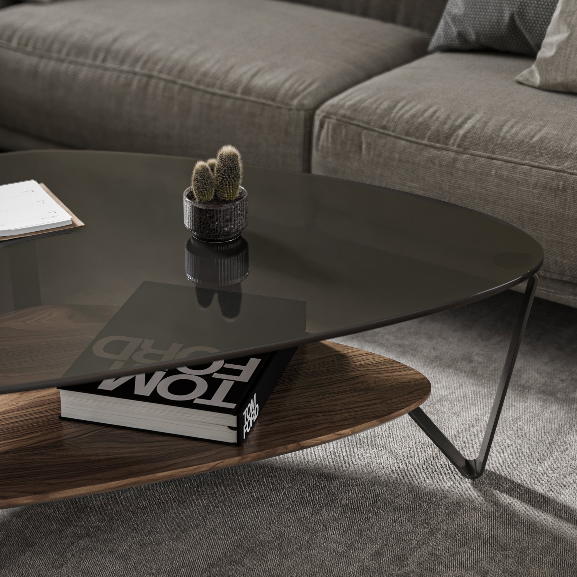 Sleek modern coffee table with glass top and wooden base, stylishly complements living room decor.
