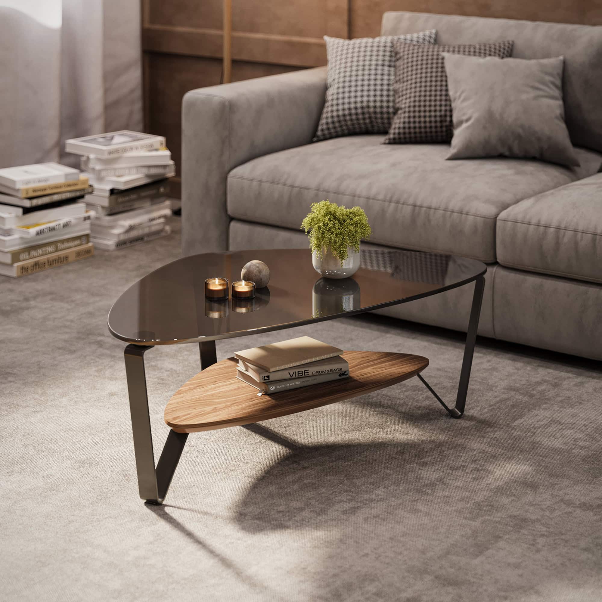 Sleek modern coffee table with glass and wood design in stylish living room décor.
