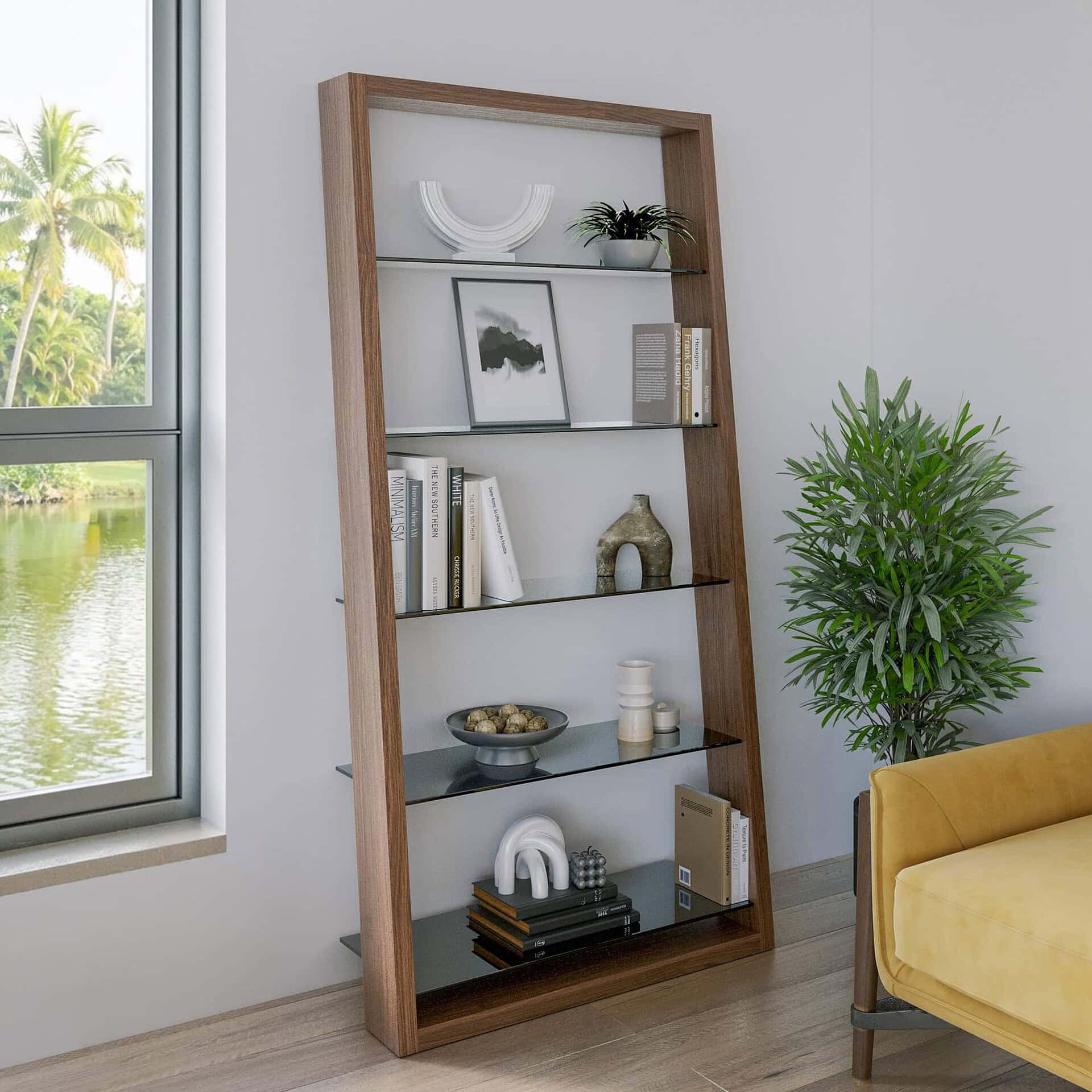 Elegant wooden and glass bookshelf showcasing modern decor and books in a bright living space.