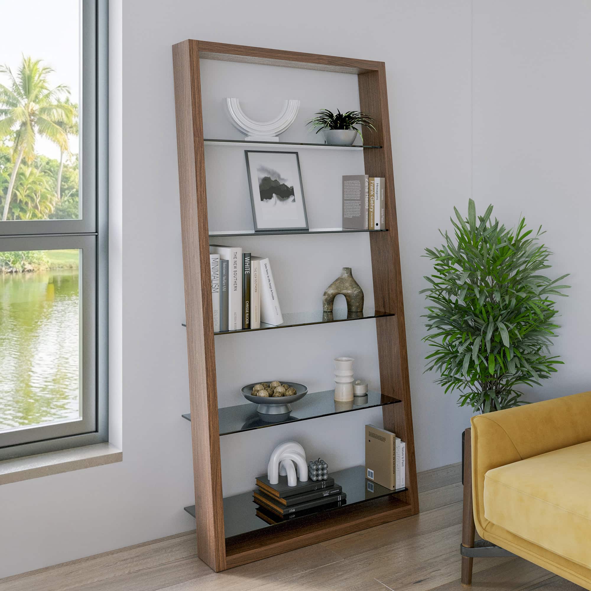 Elegant wooden and glass bookshelf showcasing modern decor and books in a bright living space.