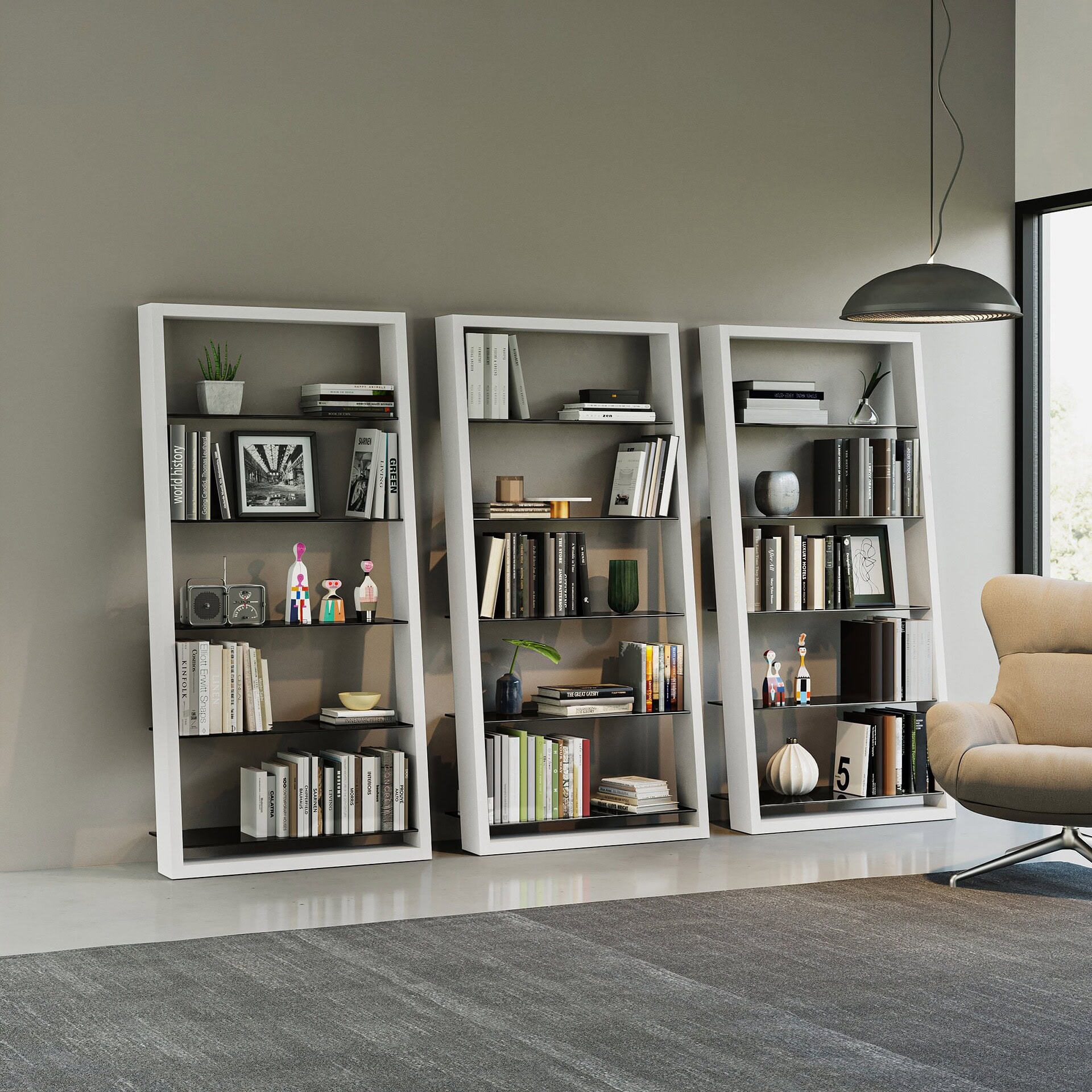 Contemporary white open bookshelf with decorative items in modern living room.