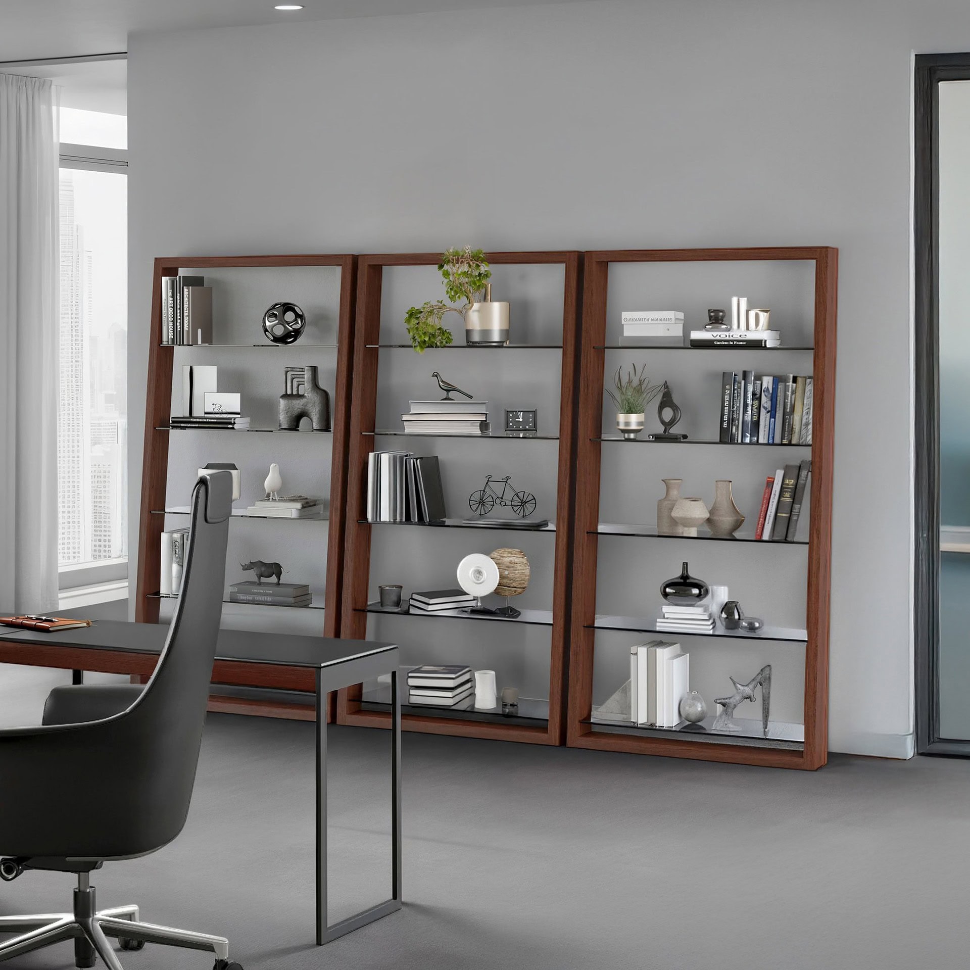 Sleek modern wooden bookshelf with glass shelves in contemporary office space.