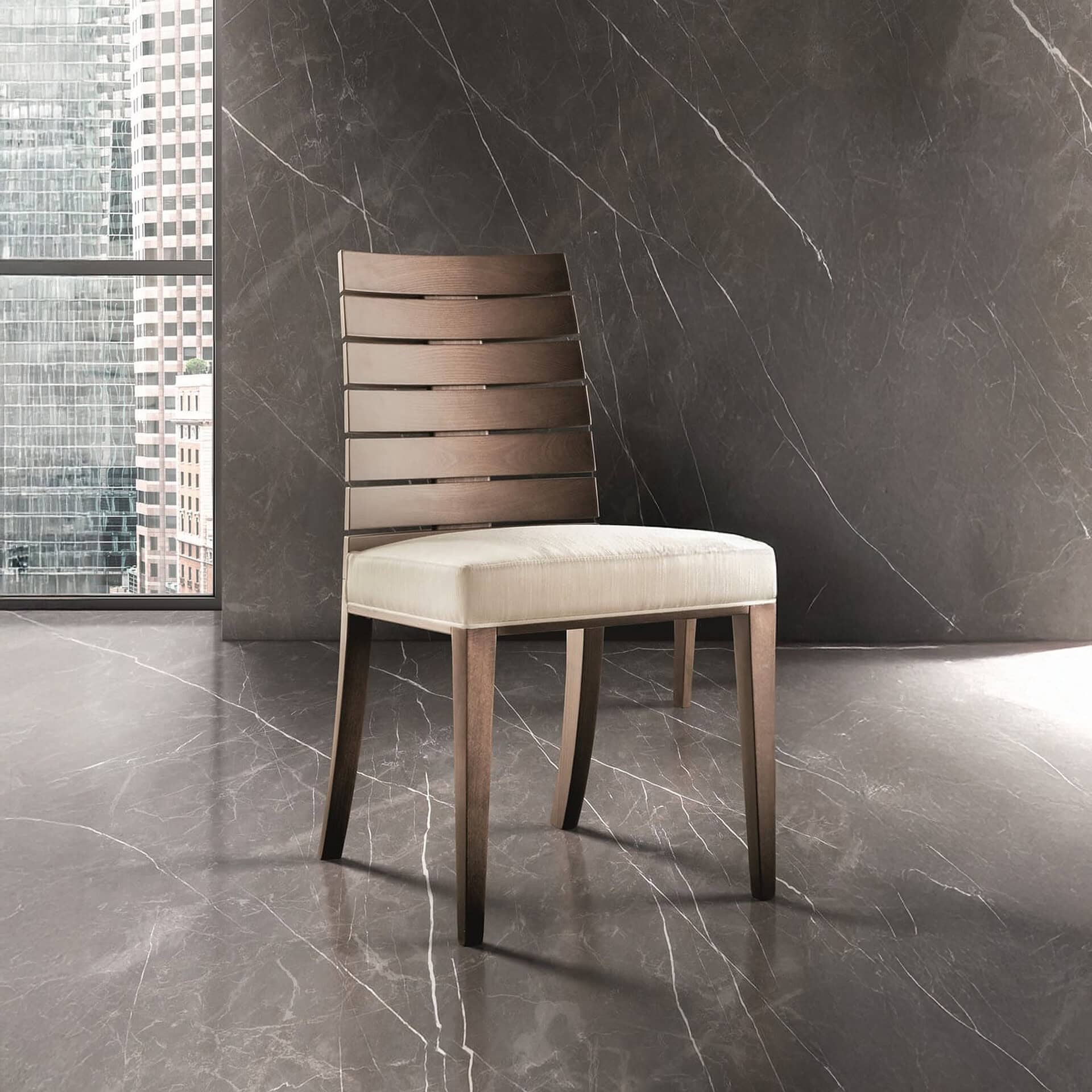 Stylish wooden chair with cushioned seat in sleek, modern design for sophisticated interiors.