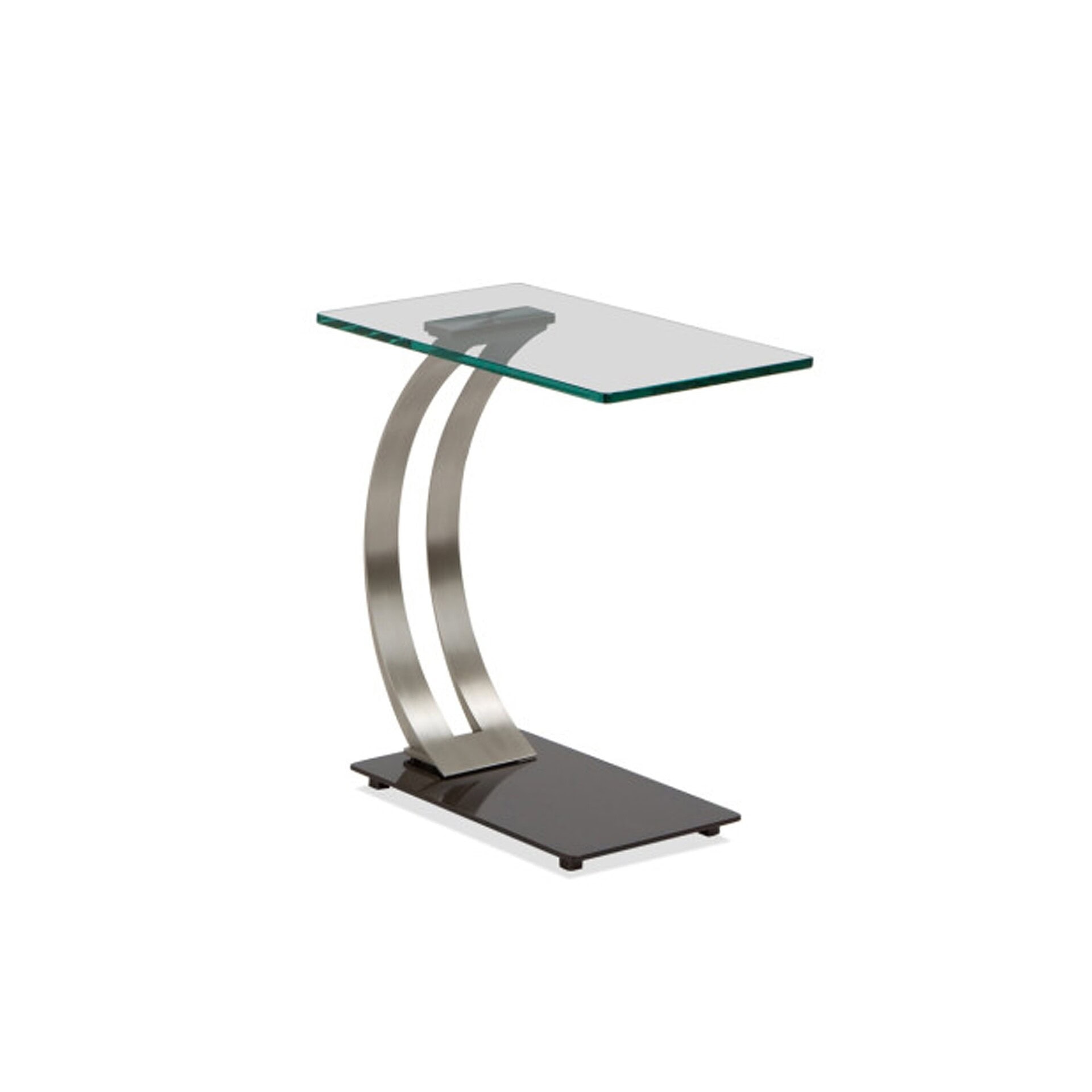 Encore Accent Table with Lava base and champagne-plated arcs, glass top, front view on white background.