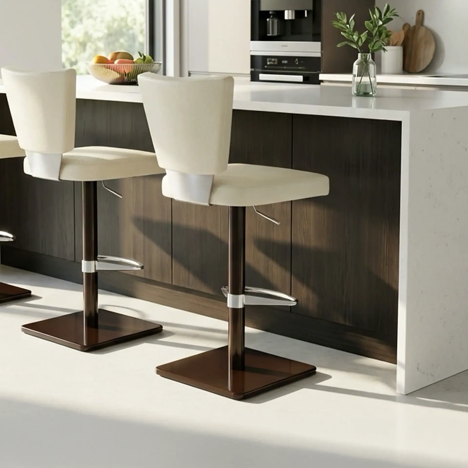 Two cream-colored bar stools with dark bases and chrome footrests are placed in front of a modern kitchen island with a white countertop and dark wood cabinetry. A fruit bowl, coffee machine, and decorative vase are visible on the counter.