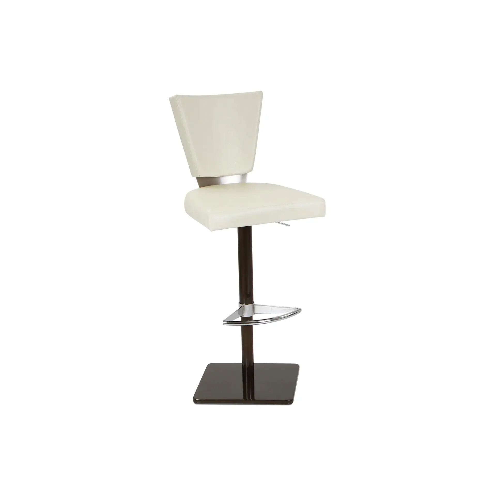 A cream upholstered bar stool with a dark brown base and chrome footrest on a white background.