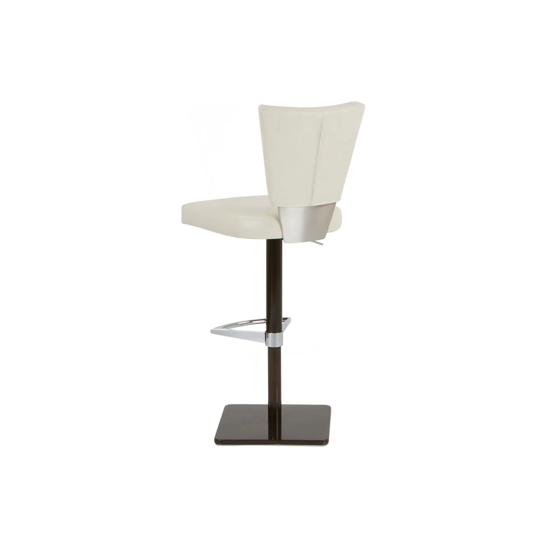 A cream upholstered bar stool with a dark brown pedestal base and chrome footrest, viewed from the side.