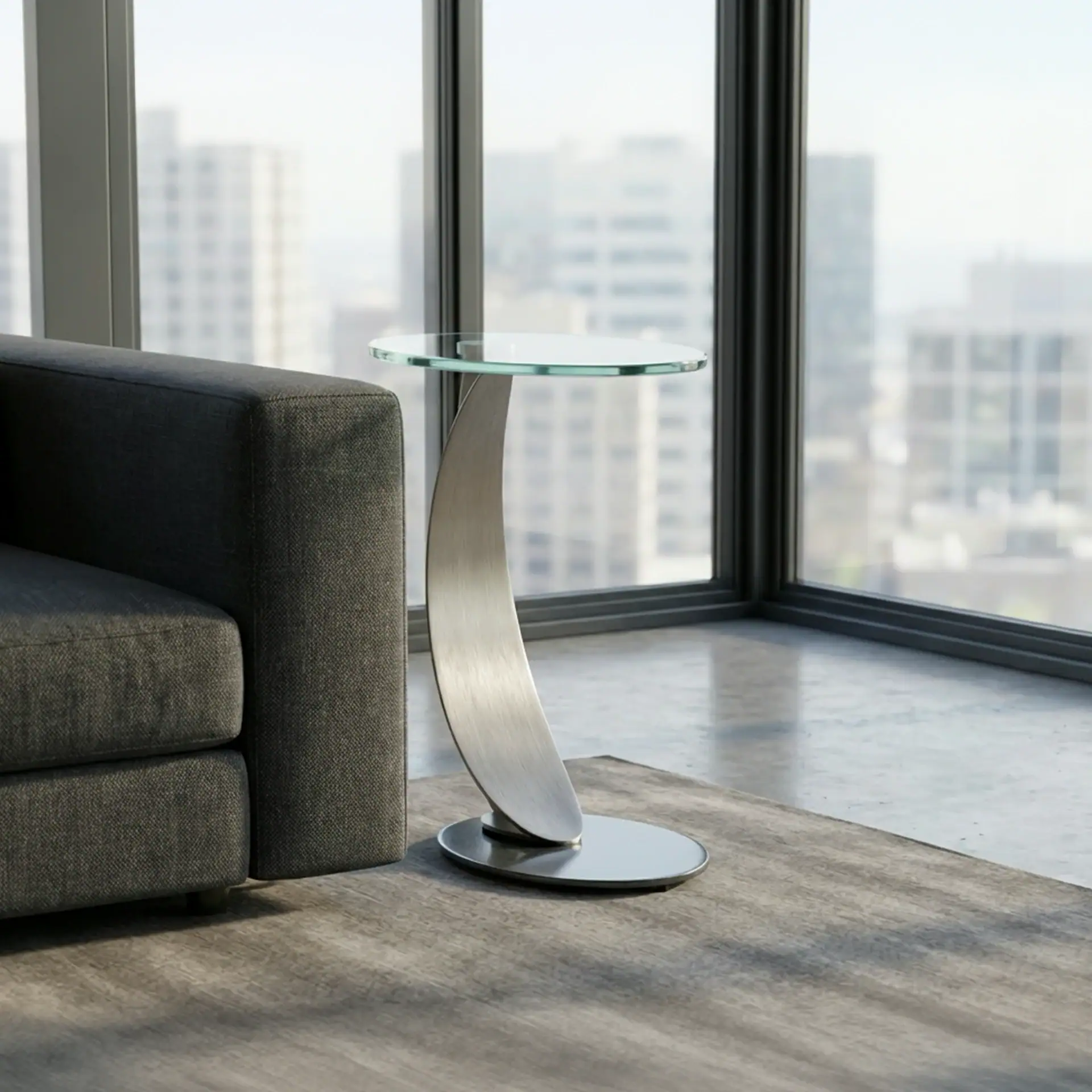 Elegant glass side table with curved metal base for modern living room decor.