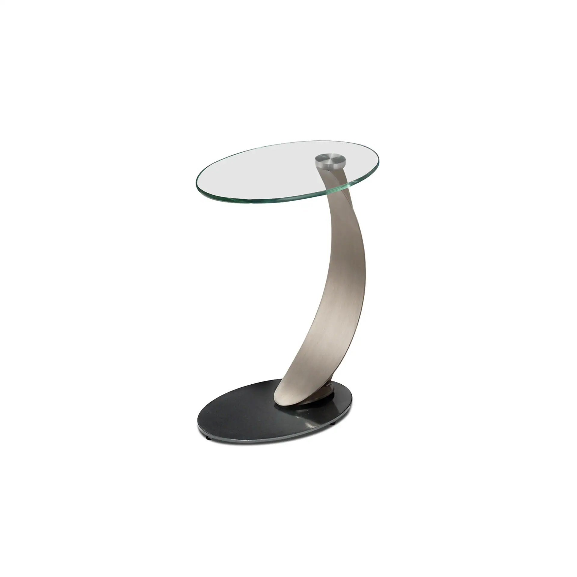 Contemporary glass and metal side table with curved design for living room decor.