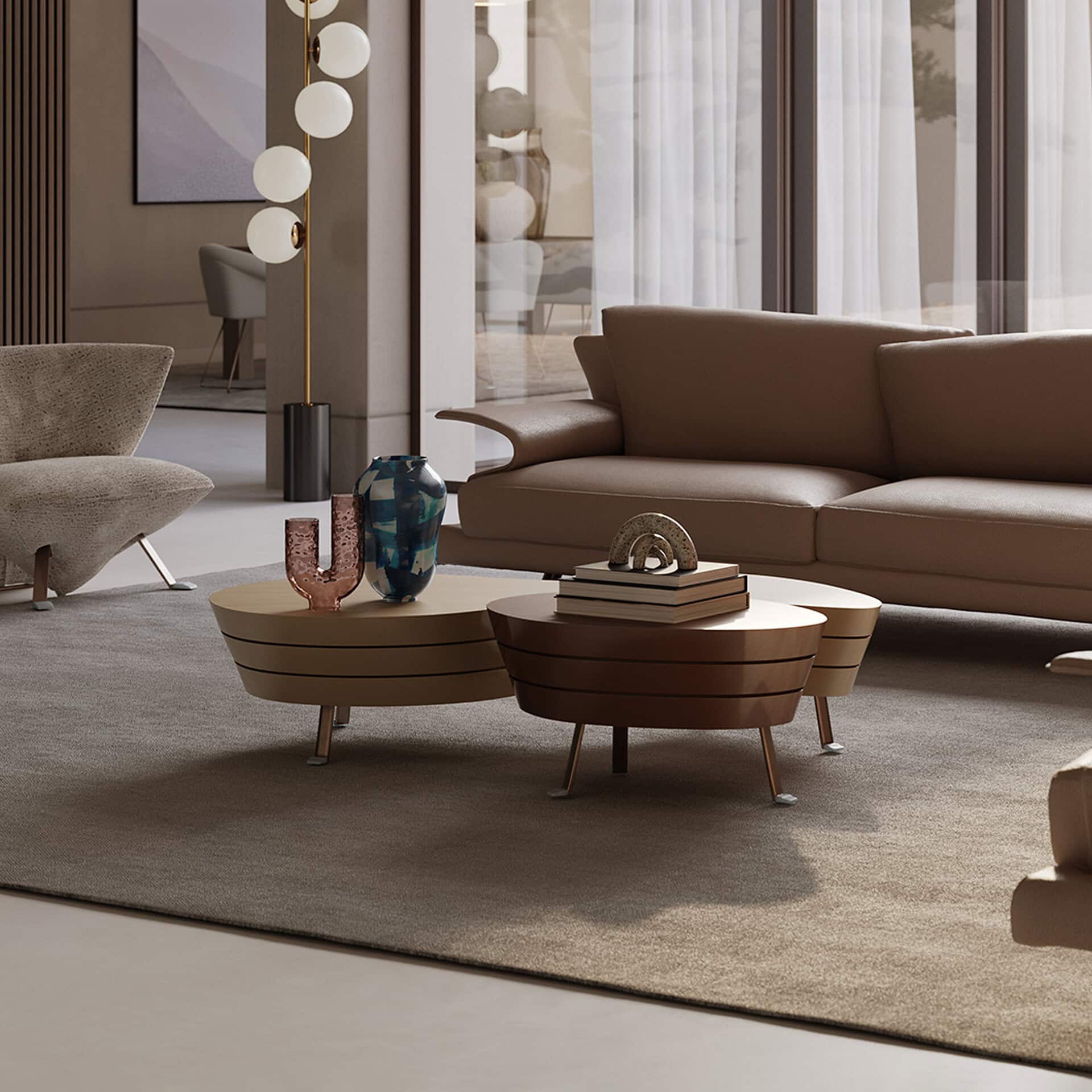 Contemporary John sculptural coffee table with layered wood design in a modern living room setting.