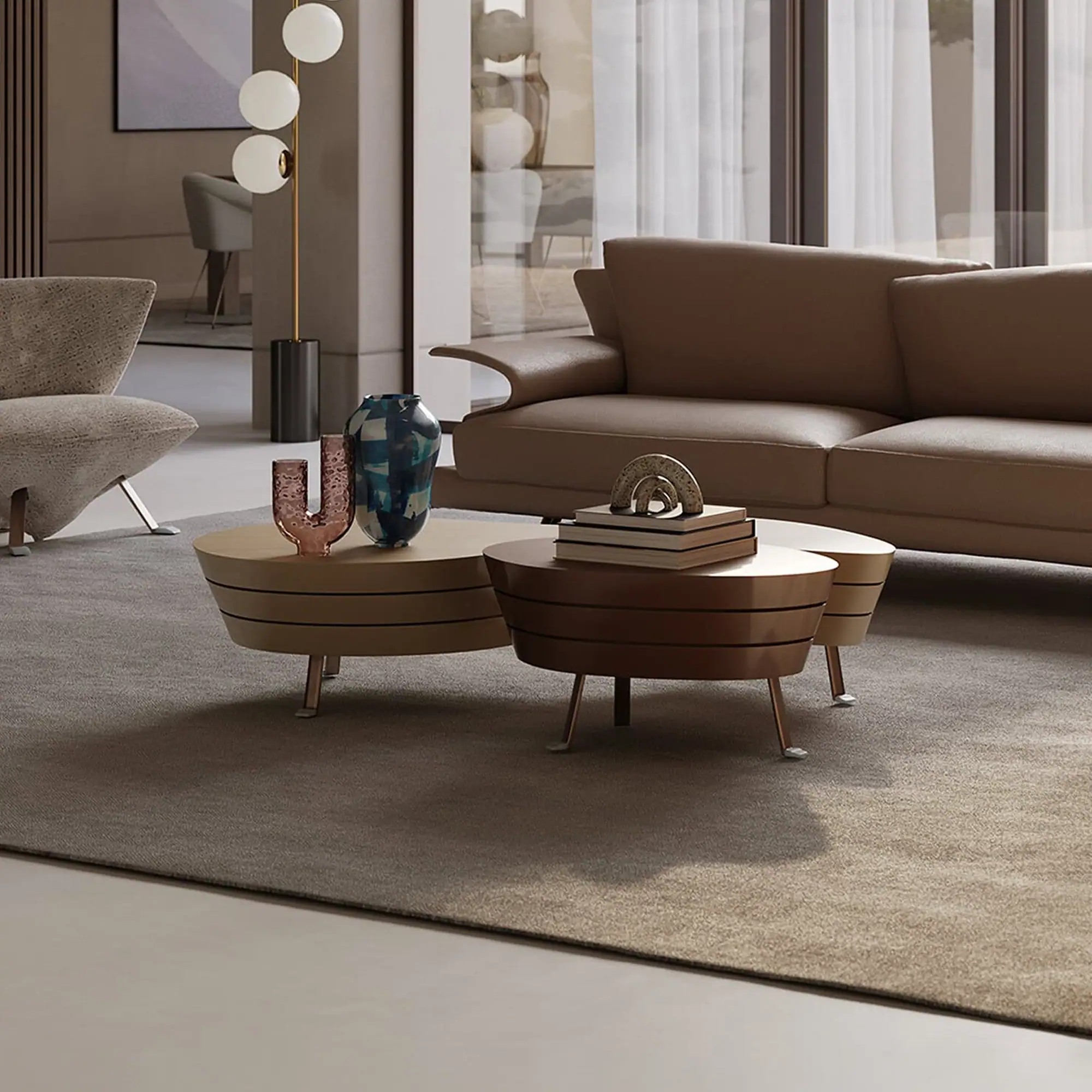 Contemporary John sculptural coffee table with layered wood design in a modern living room setting.