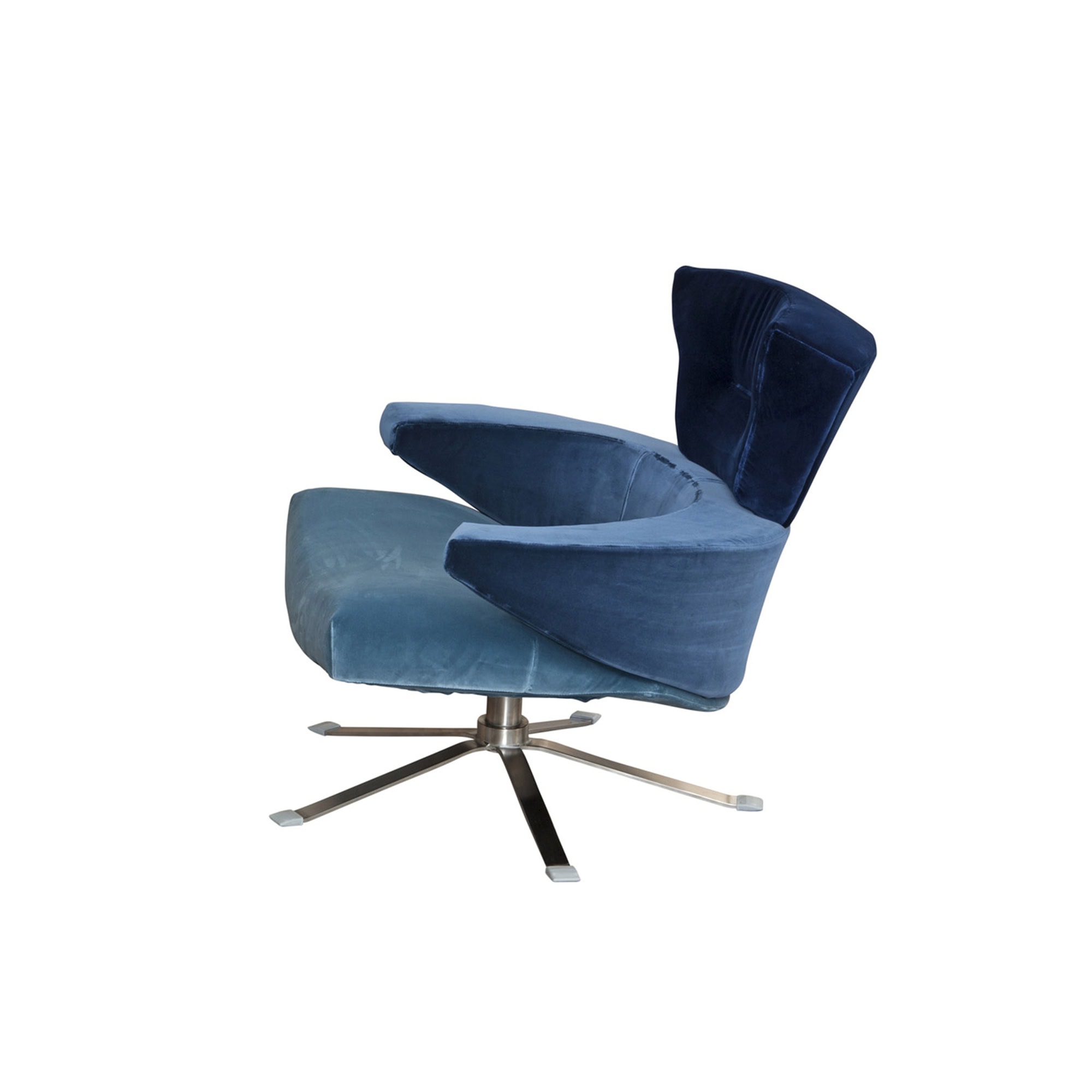 Single Mary Armchair in blue fabric with swivel base, side view.