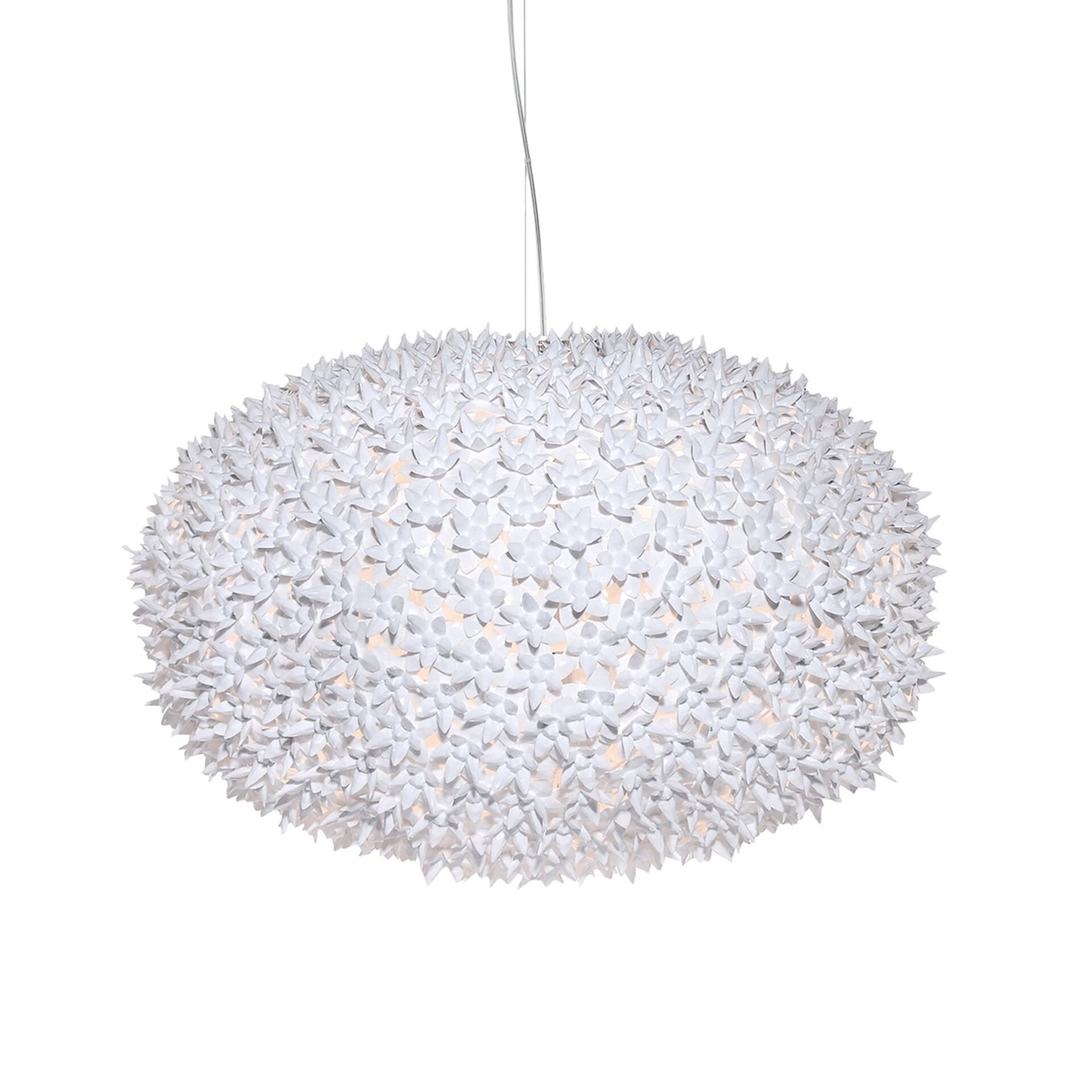Pendant light fixture with a textured, spiky white design for contemporary interiors.