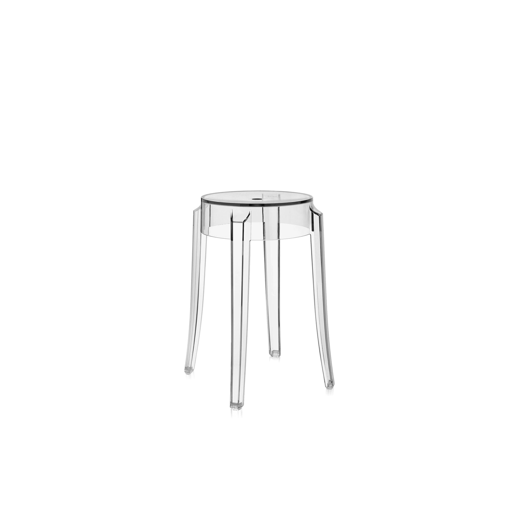 Transparent Charles Ghost stool shown on a plain white background, side angle.