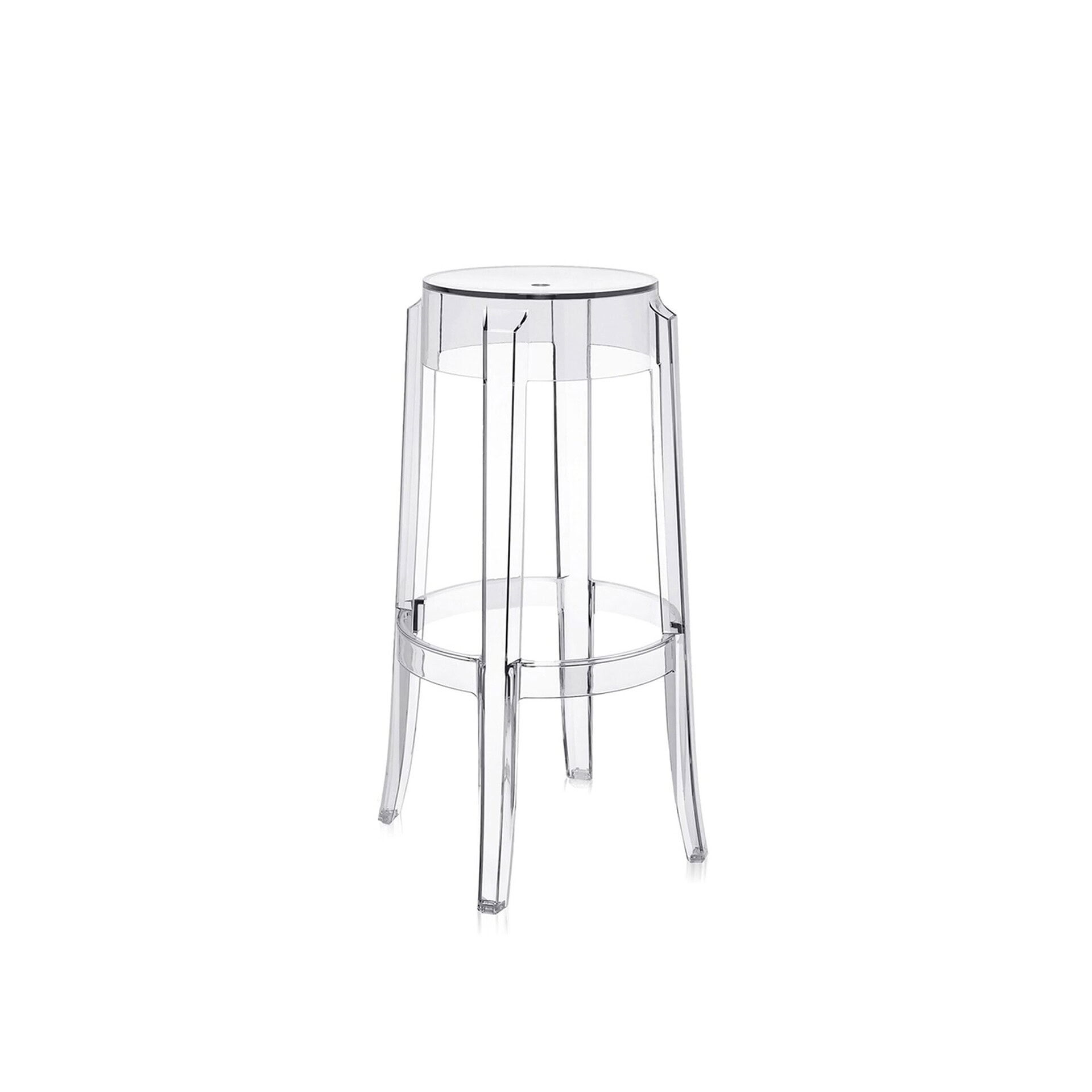 Transparent Charles Ghost stool shown on a plain white background, angled view.