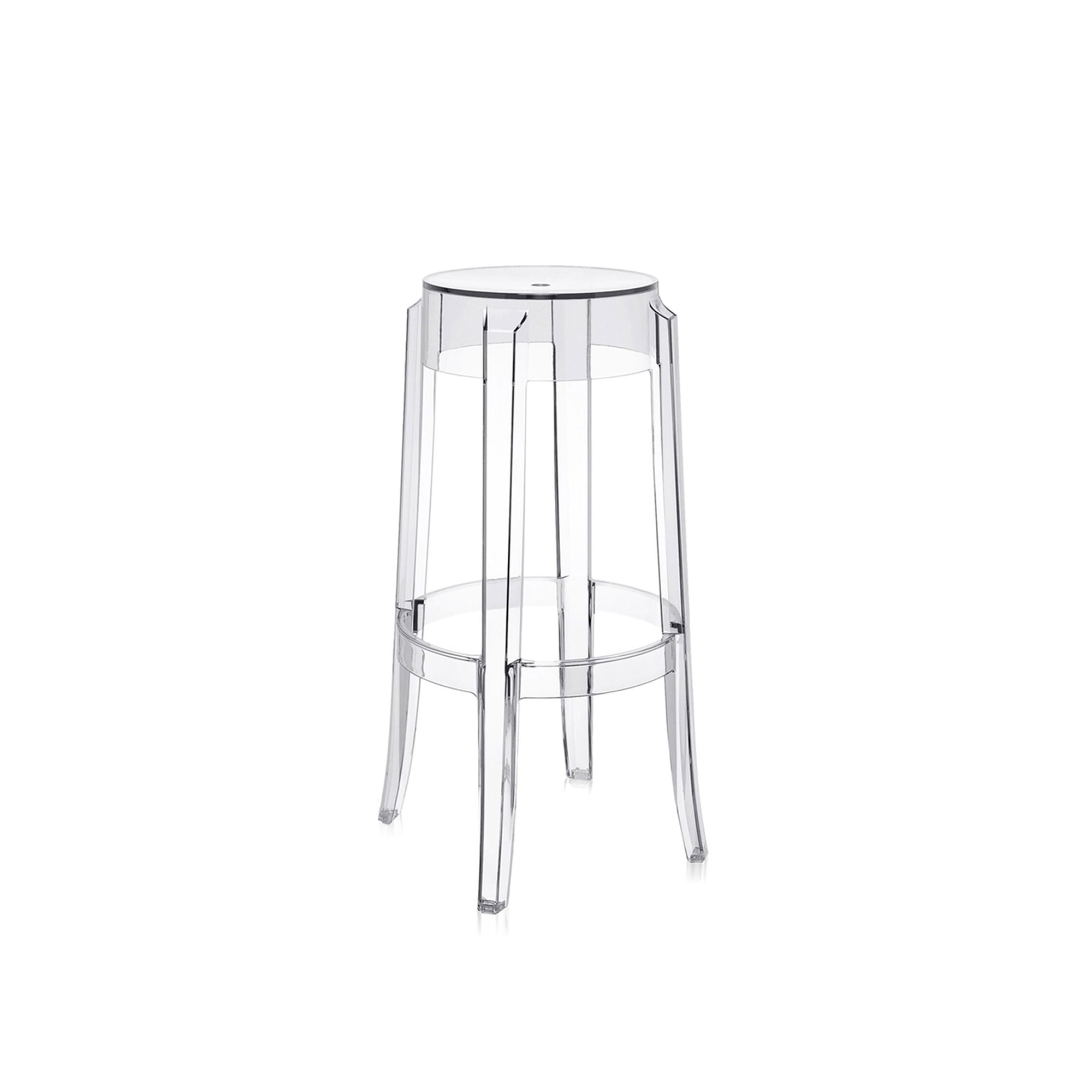 Transparent Charles Ghost stool shown on a plain white background, angled view.